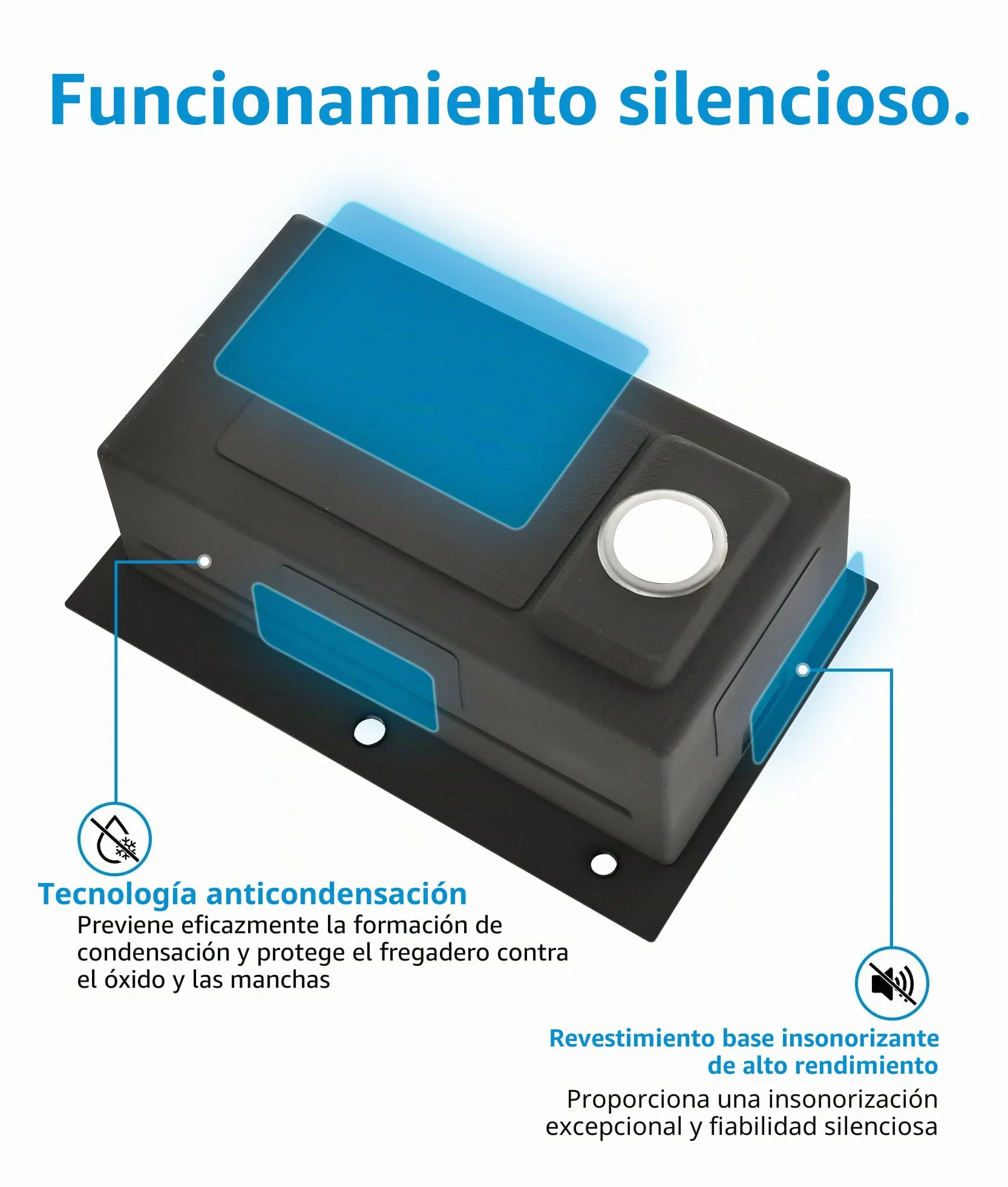 Fregadero Cocina Negro Acero Inoxidable 70×45cm,Fregadero Cocina 1 Seno,2 Orificios para Grifo,Kit Completo con Canasta,Bandeja de descongelación,Cestade Desagüe,Sifón