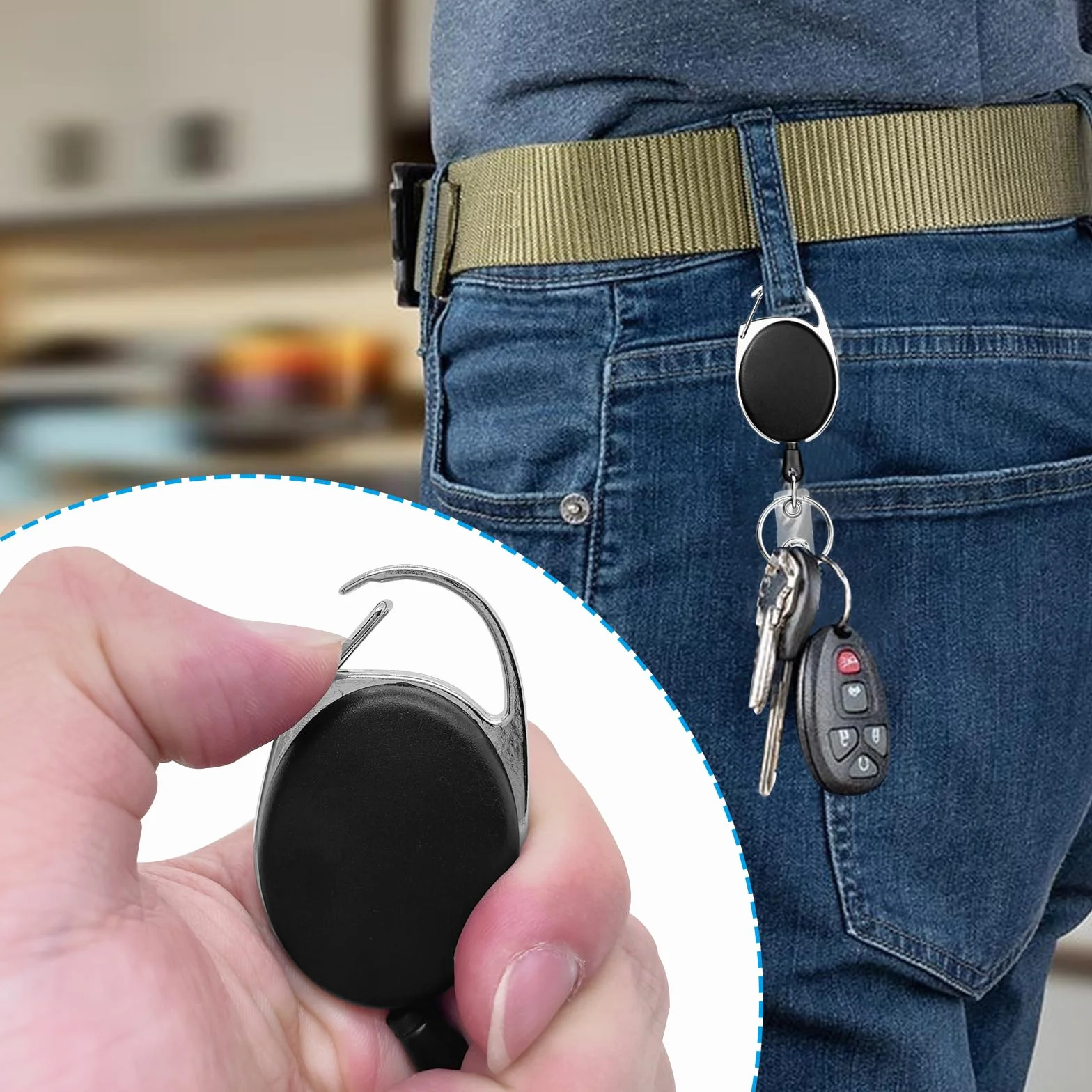 Llavero Retráctil con Clip 2 Unidades Extensibles Cordón Nylon para Tarjetas Identificación Llaves Negro