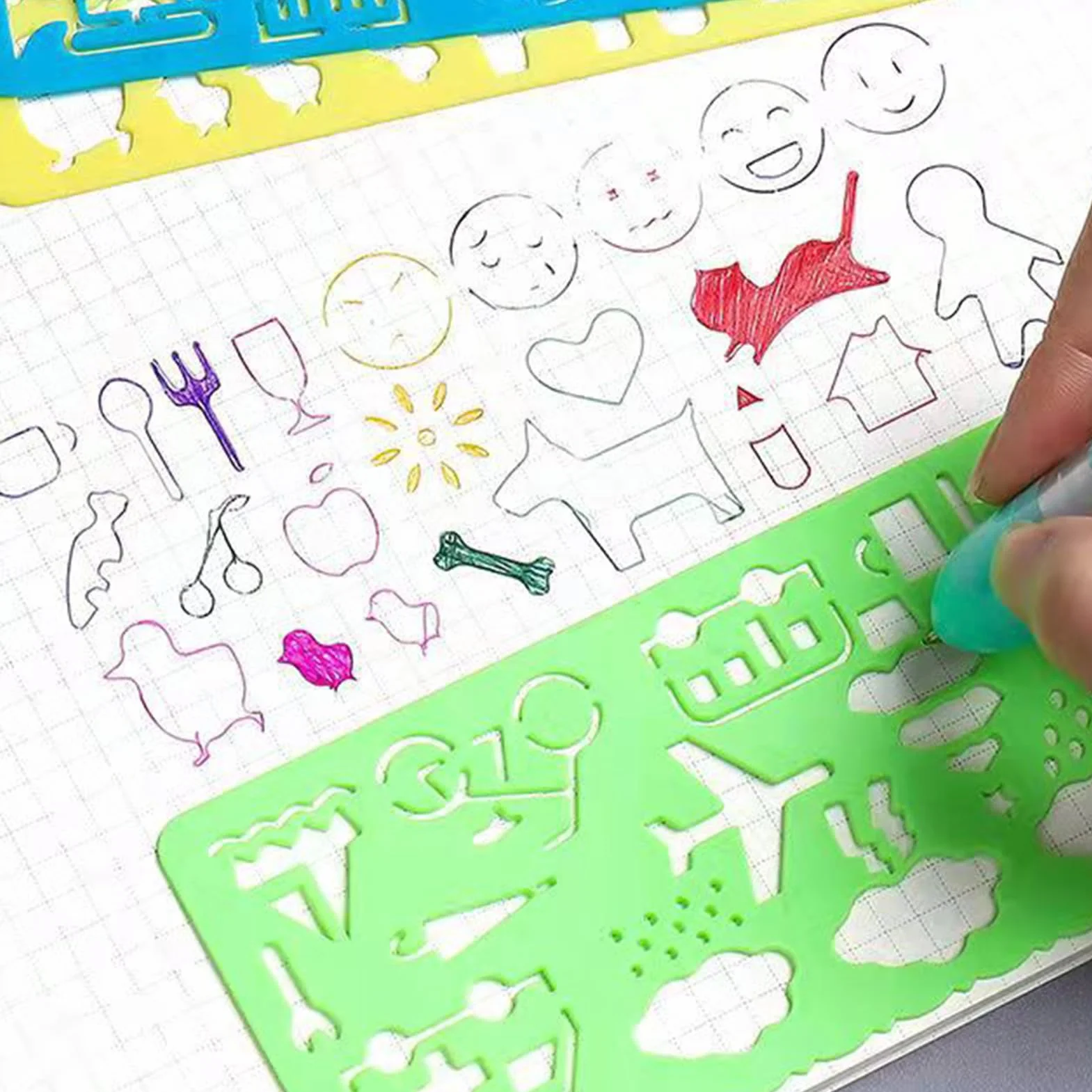 Reglas Geométricas y Plantillas de Círculo 7 Piezas para Dibujo, Regla Plástica, Herramienta de Medición Niños Azul