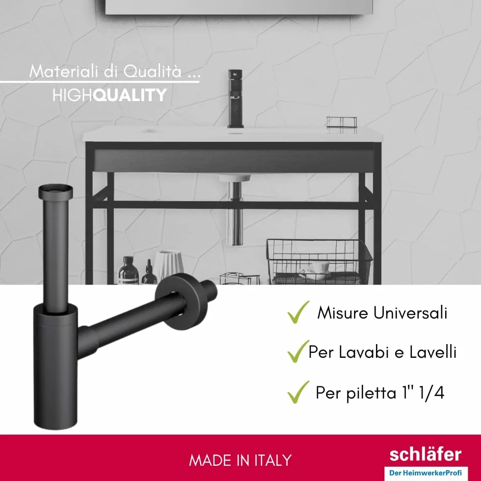 Schläfer 3439430 | Sifón de ABS 1 1/4 minimalista, sifón redondo para lavabo y bidé, desagüe lavabo universal, sifón de plástico antiolor, negro mate, tubo desagüe pared Ø 32 mm.