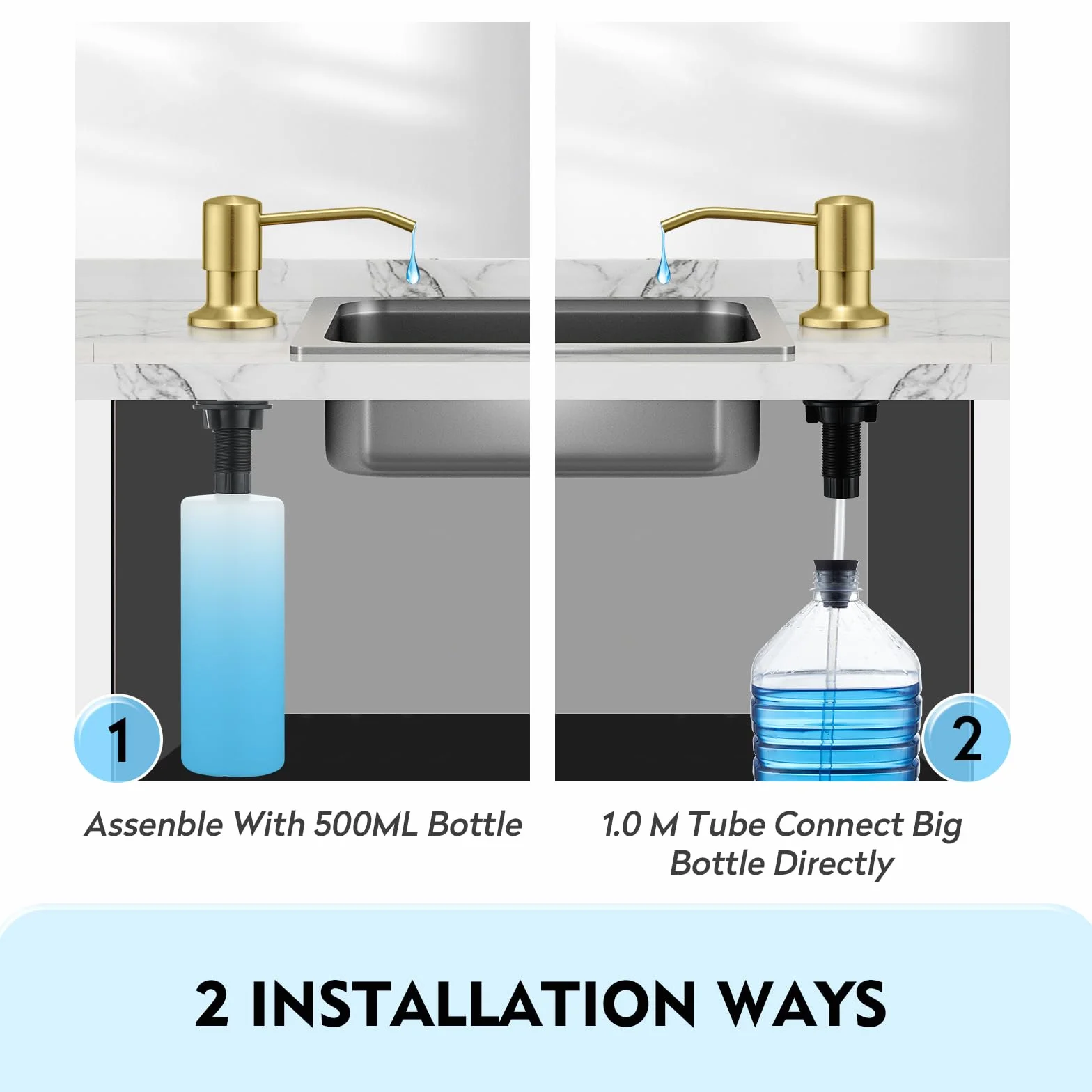 CREA Fregaderos de cocina con dispensador de jabón integrado, acero inoxidable, montaje encimera, botella 500 ml, manguera 1 m