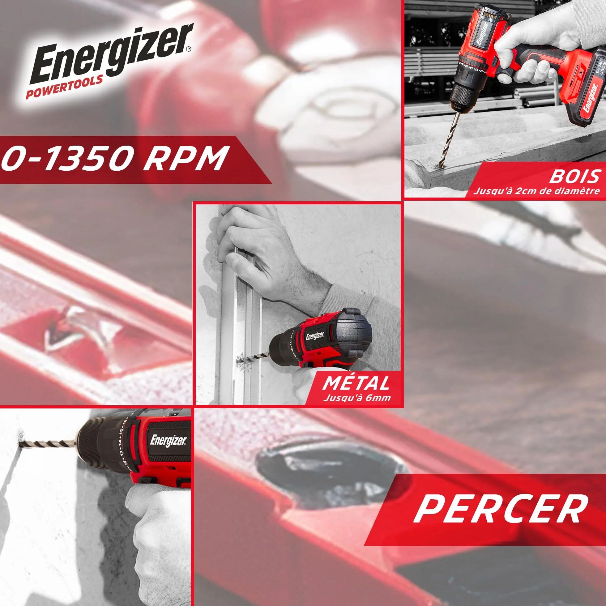 Energizer - Taladro atornillador inalámbrico 20V ultraligero, torque 40 Nm, 2 velocidades (1850 RPM), portabrocas de 10 mm, incluye 2 baterías 20V 2AH + cargador rápido, herramienta de alto rendimient
