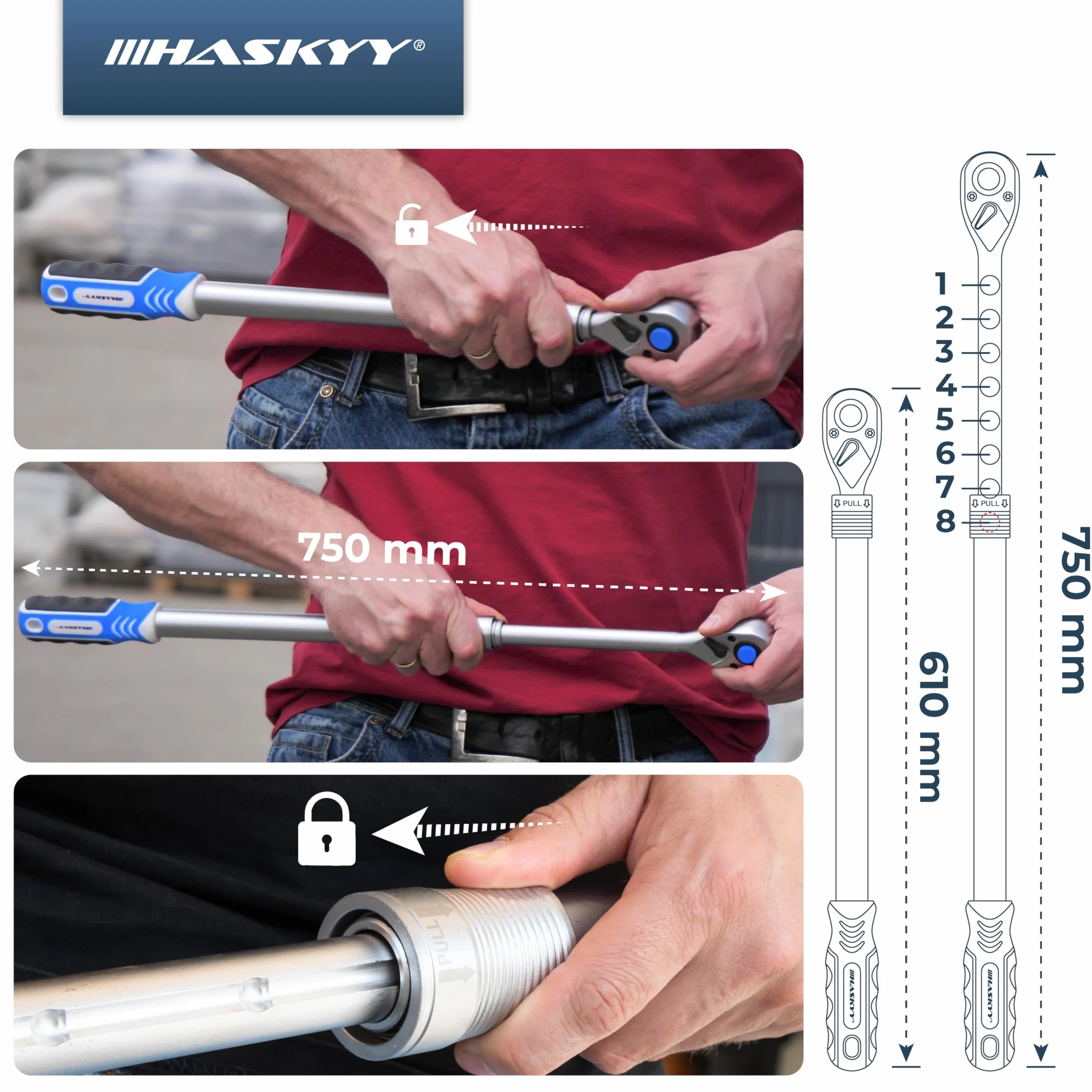 HASKYY Llave de carraca telescópica de 1/2", 61-75 cm, extensible, 610-750 mm, par de torsión 768 Nm