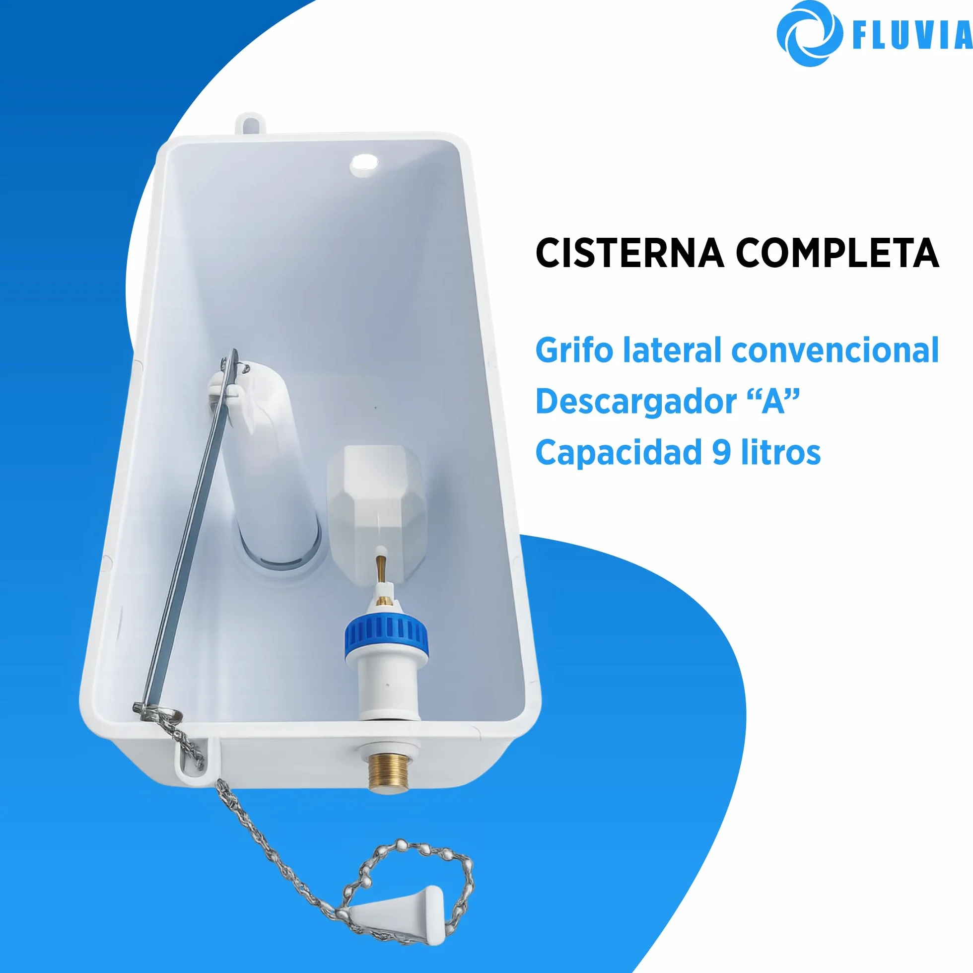 Cisterna Alta completa para inodoro de PVC |incluye Mecanismo de descarga flotador lateral y cadena | intalacion nueva o reemplazo |resistente y facil de montar FLUVIA
