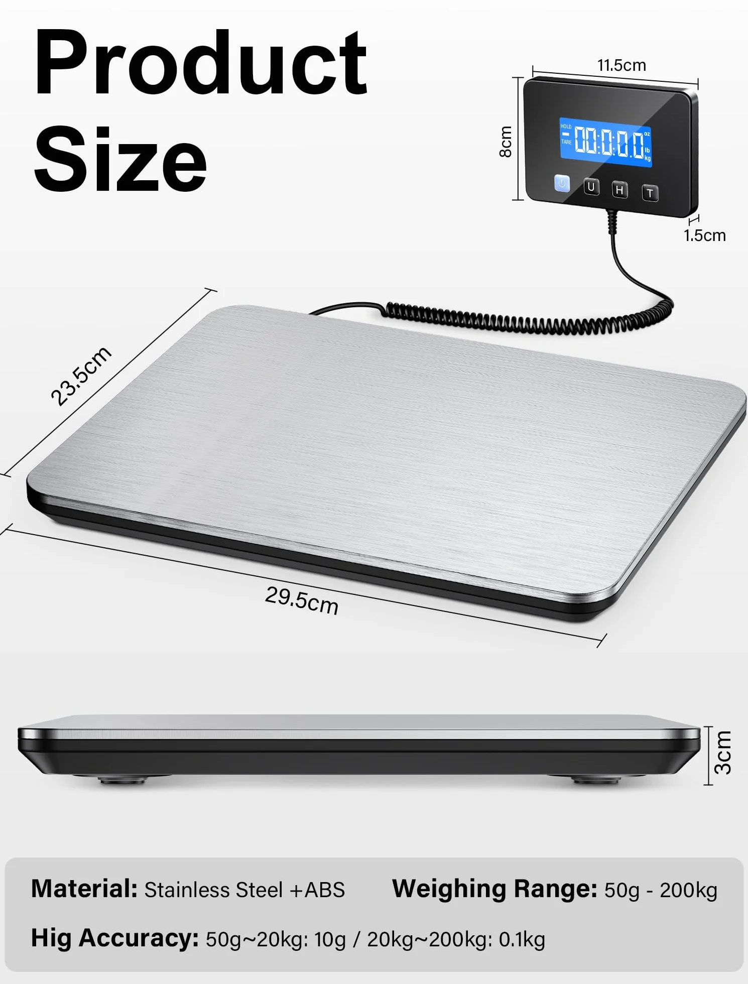 Báscula Digital Industrial 200kg/10g con Retención y Tara, Pantalla LCD, Incluye Baterías