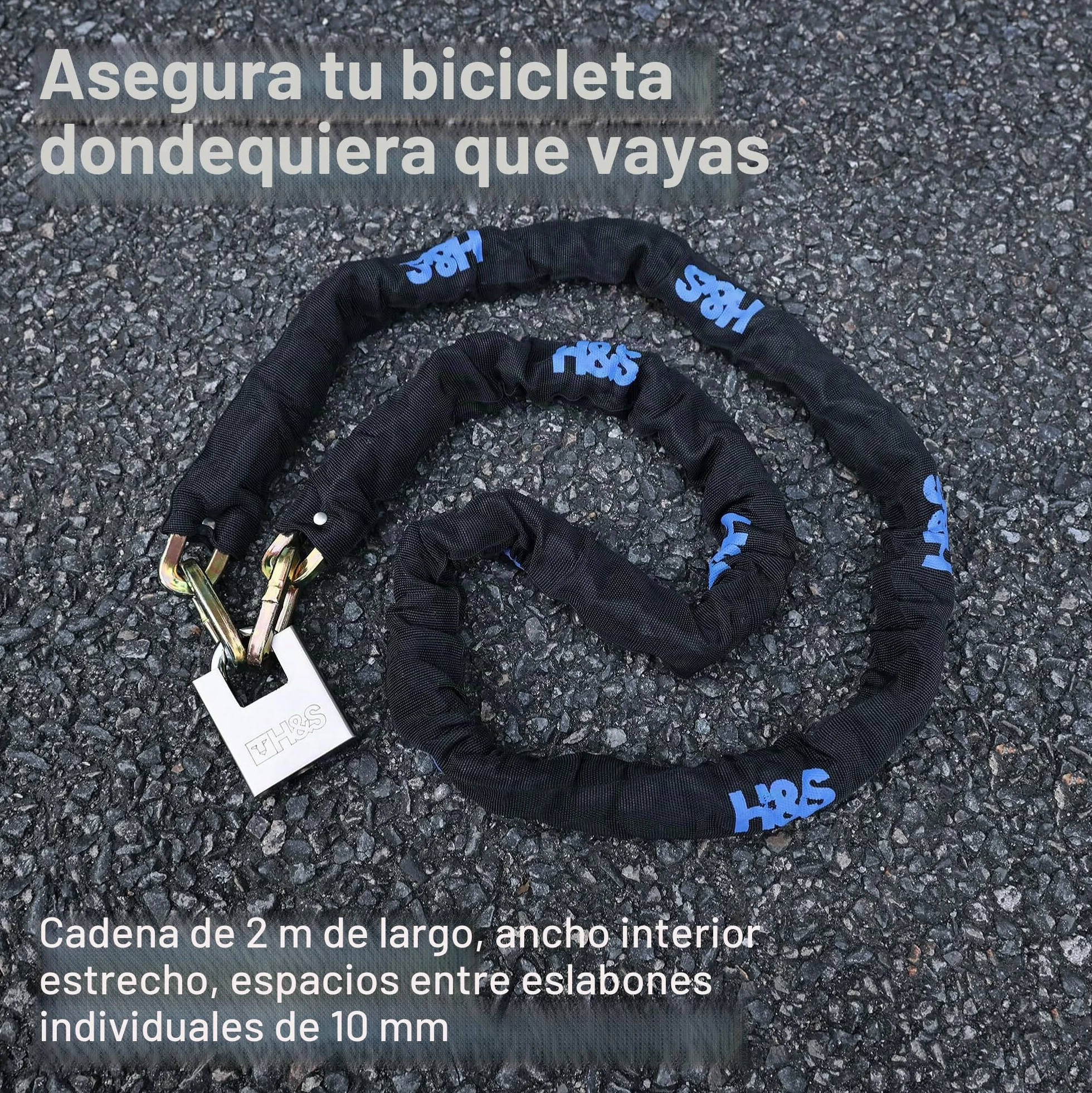 H&S Candado resistente para motocicleta con candado | 10 mm x 2 m | Candado para motocicleta y scooter con cadena de seguridad | Candado de bicicleta de 2 m de alta seguridad | Cadena fuerte y candado