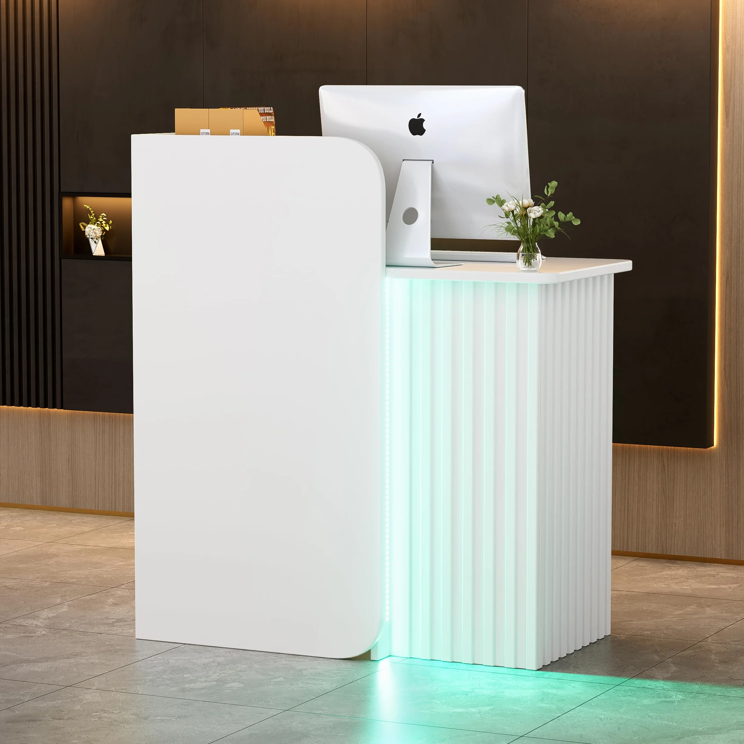 Mostrador de Recepción con iluminación LED Compacto Escritorio Pequeño con Cajón con Cerradura Blanco 44x80x100CM