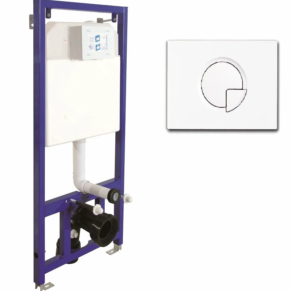 Juego completo de inodoro con asiento sin bordes, elemento de pared empotrable, cisterna de cerámica, color blanco/negro + placa pulsador (SD 1, blanco)
