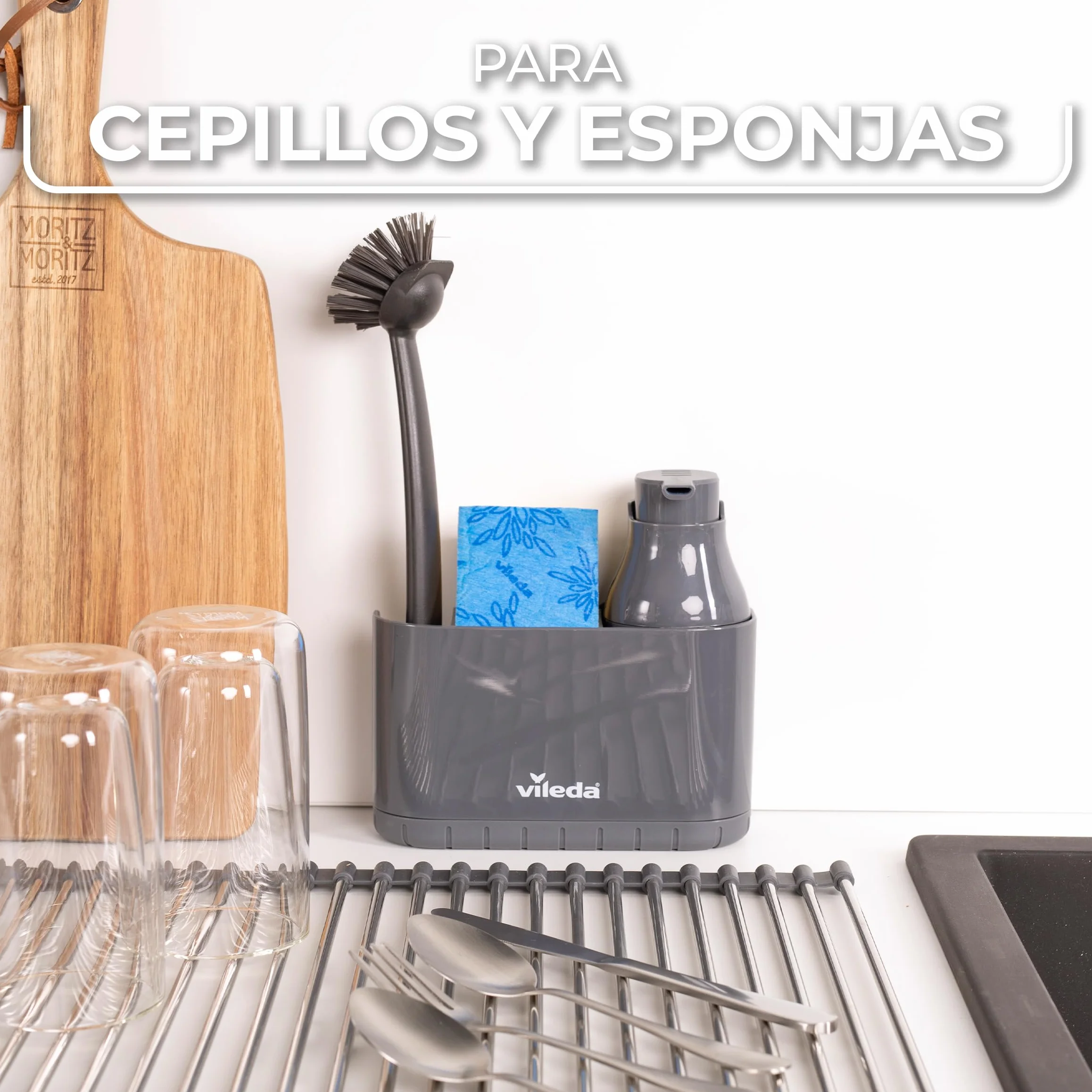 Vileda Organizador de Fregadero con Dispensador de Detergente - Soporte de pie para esponjas y cepillos con dosificador de jabón - Organizador de cocina de plástico con divisores ajustables