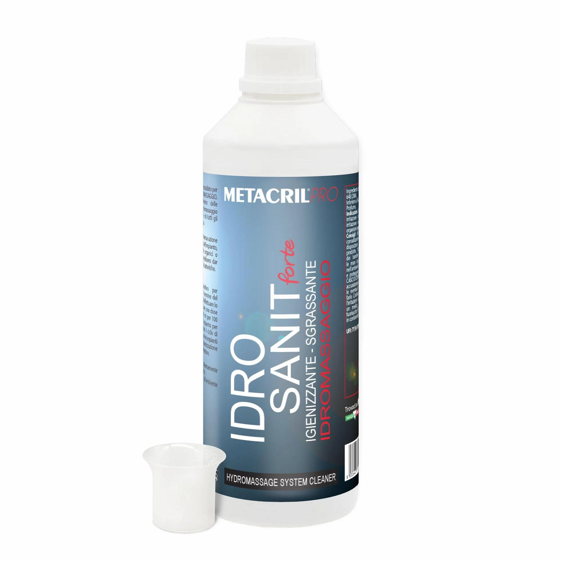 Metacril Pro Idro Sanit Forte con dosificador graduado, limpiador para instalaciones de hidromasaje, tratamiento de mantenimiento – 1 litro