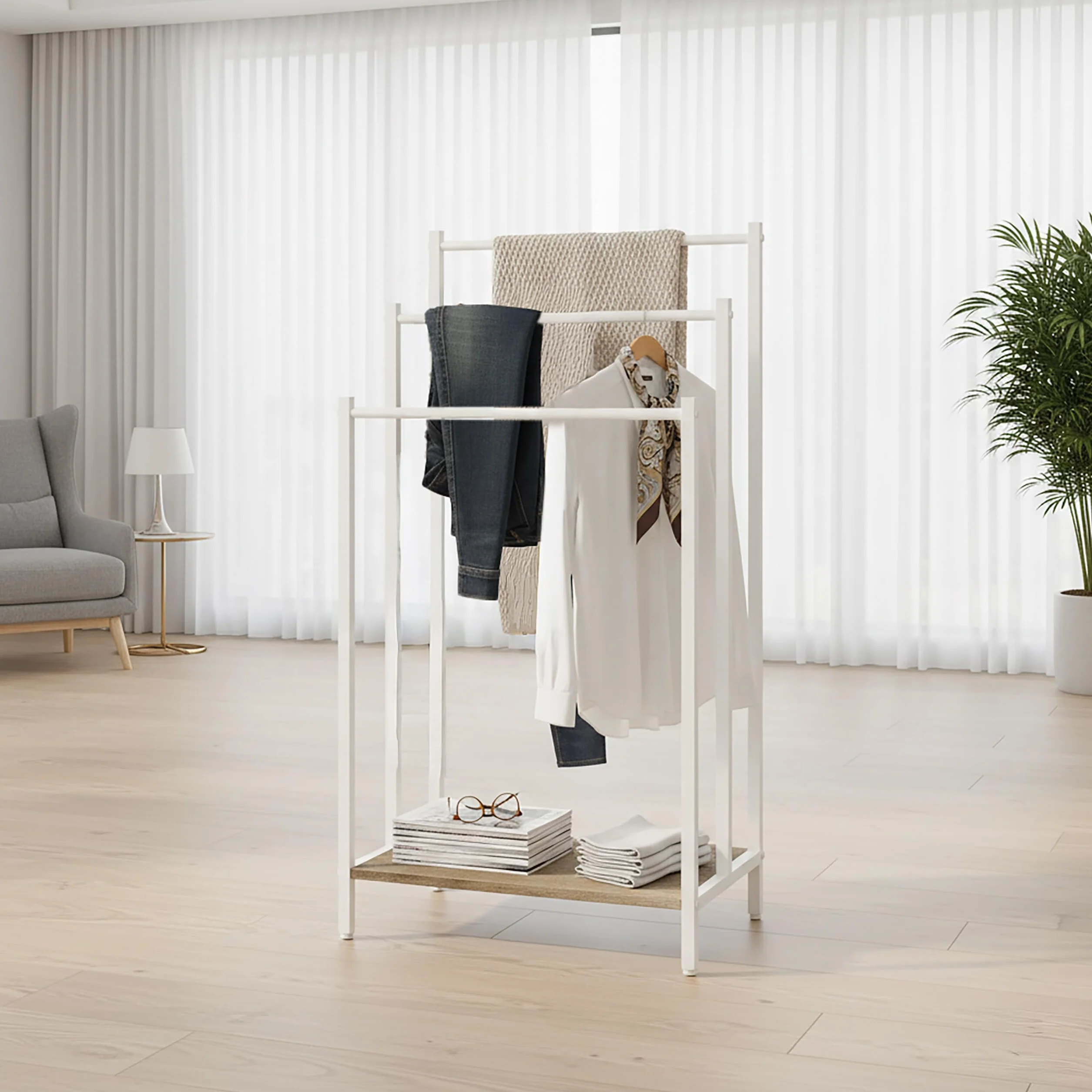 Relaxdays toallero de pie con repisa, Efecto Madera, 3 Barras, 81x43x28 cm, Natural/Blanco