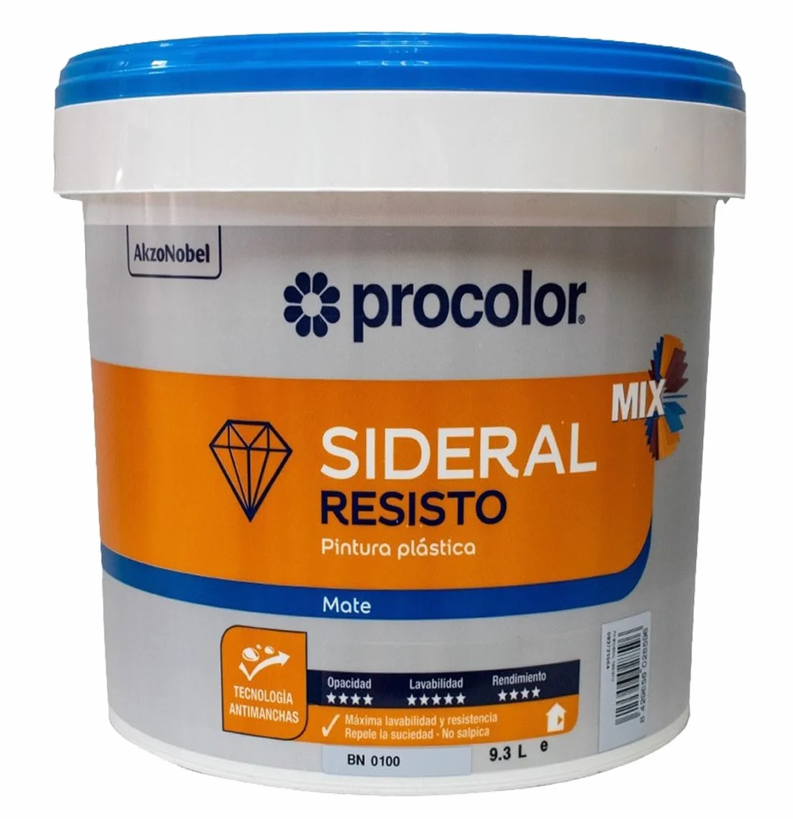 Pintura de interior y exterior antimanchas blanca Sideral Resisto, Alta resistencia, Excelente rendimiento de 11-13 m²/L. Alta lavabilidad, muy buena cubrición, protección antimoho. (4 Litros)