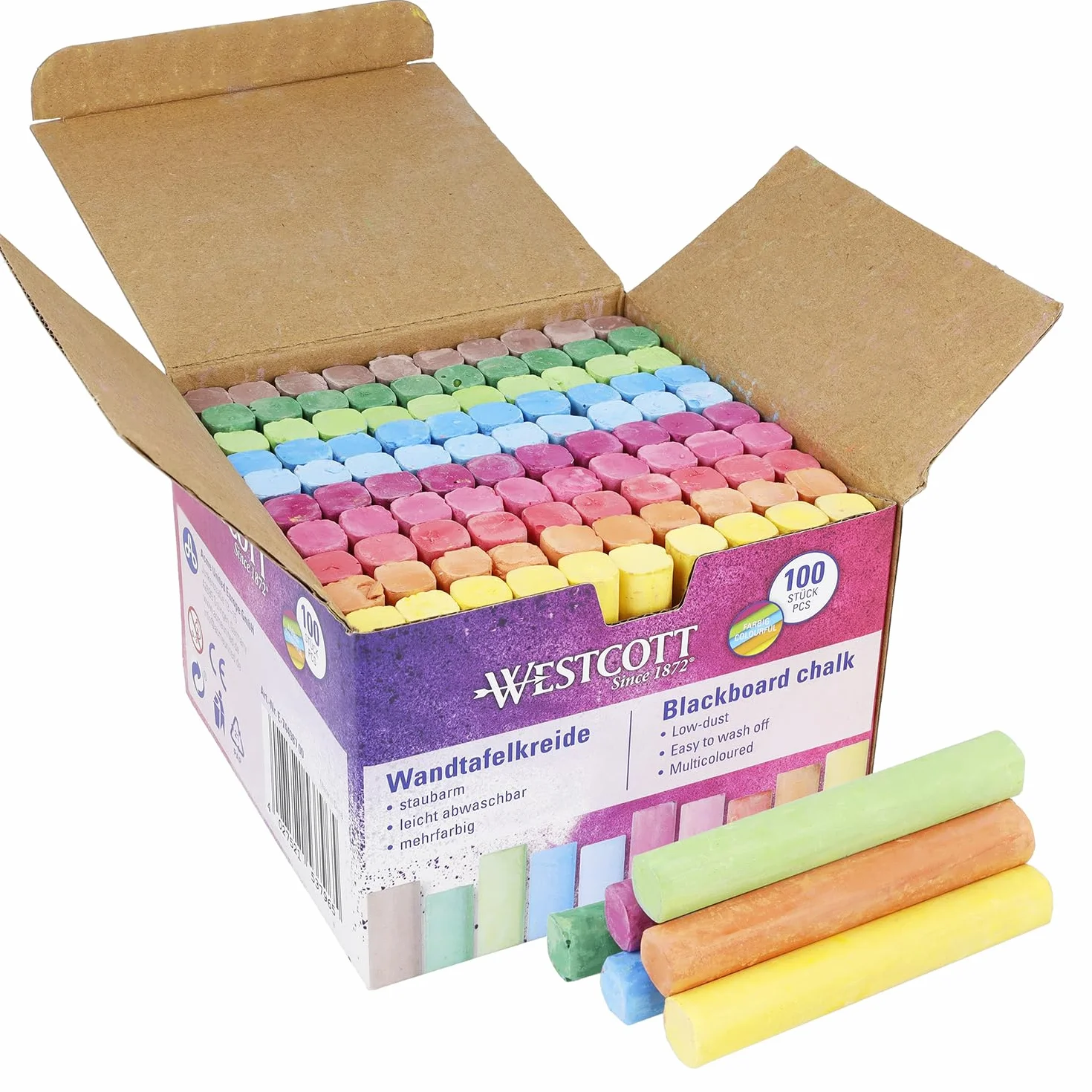 Westcott Tizas 100 unidades multicolor 1,2 cm sin polvo fácil de limpiar 8,5 cm