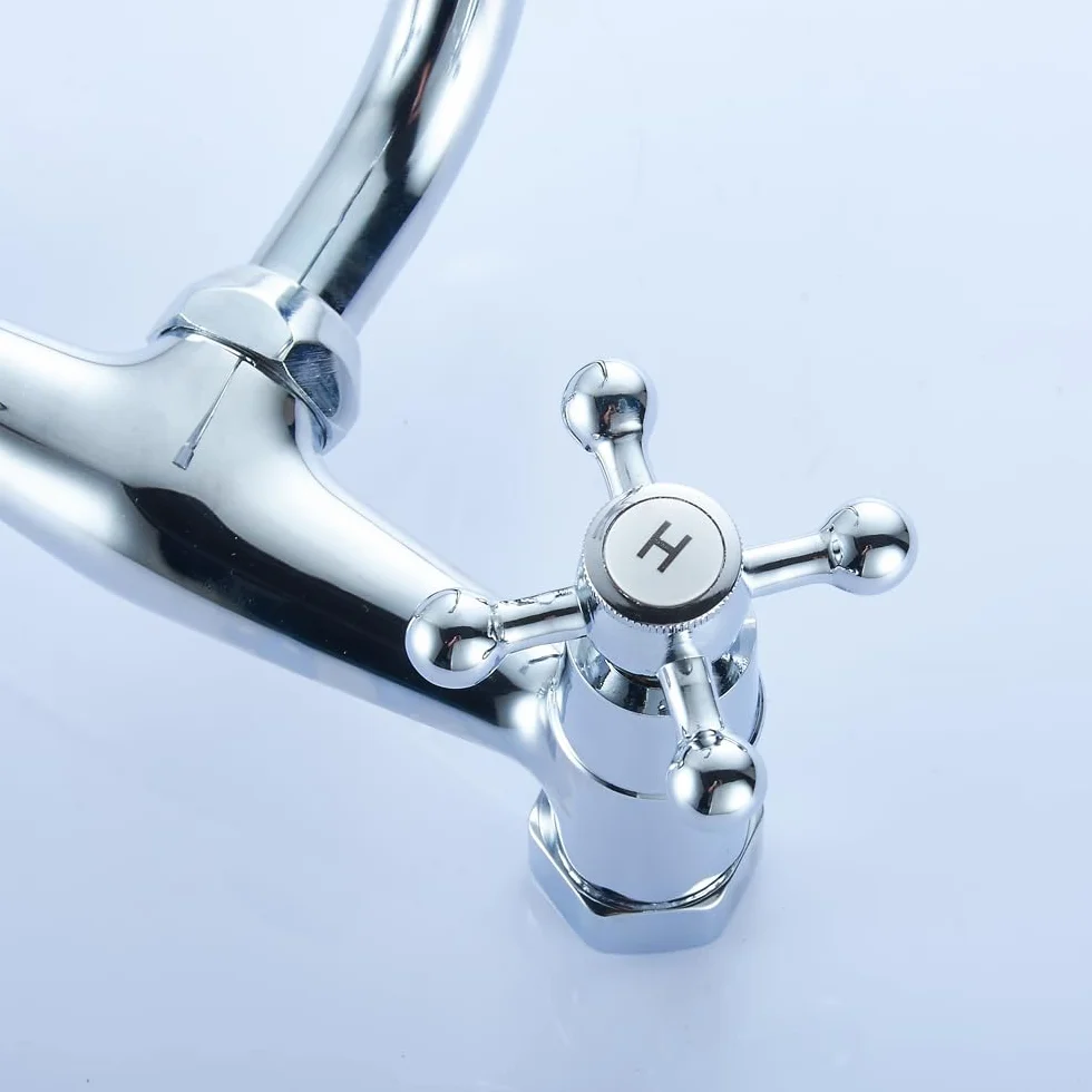 Grifo montado en la pared, Grifo Doble de dos manijas para cocina, Grifo Lavadero, Grifo de cocina nostálgico, regulador giratorio, retro, instalaciones de baño, plata