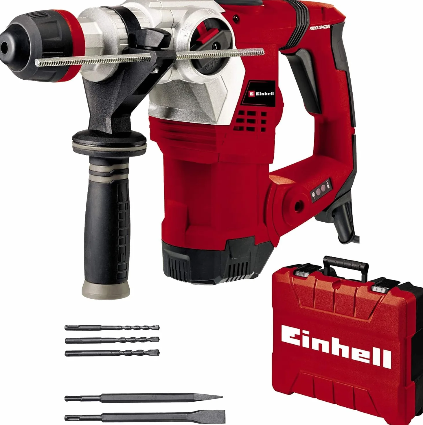 Einhell Martillo perforador, 1250 W, 5 J, perforación, perforación con impacto, cincelado con/sin fijación, agarre antivibraciones, incluye maletín E Box, 3 brocas, 2 cinceles, Multicolor