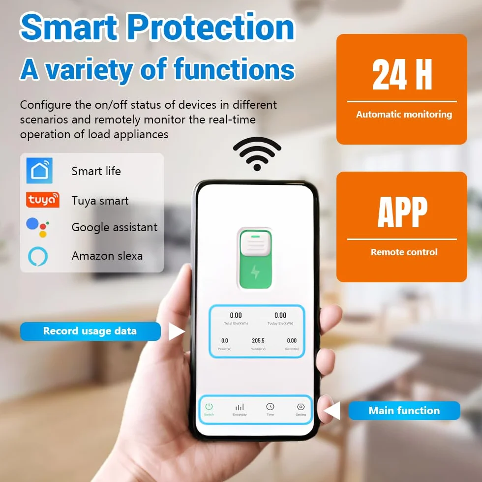 Interruptor WiFi, 1P+N 25A 230V, interruptor de control remoto inalámbrico para hogar inteligente, temporizador, control de voz monitor de energía compatible con la aplicación Smart Life TUYA riel DIN