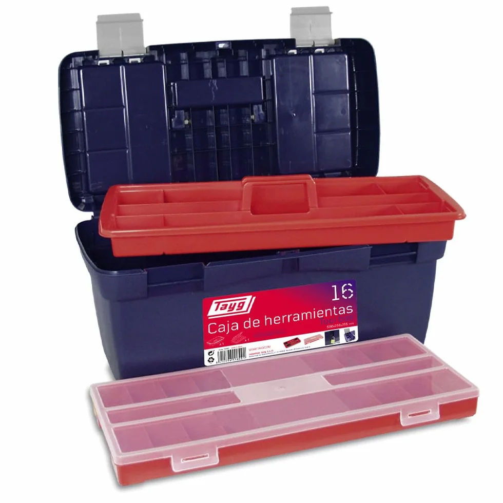 Tayg Caja Herramientas 16, Bandeja Doble Capacidad, Cierres Metálicos, Caja de Herramientas de Polipropileno, Soporta hasta 120 kg, Medidas 500 x 258 x 255 mm, Azul/Rojo