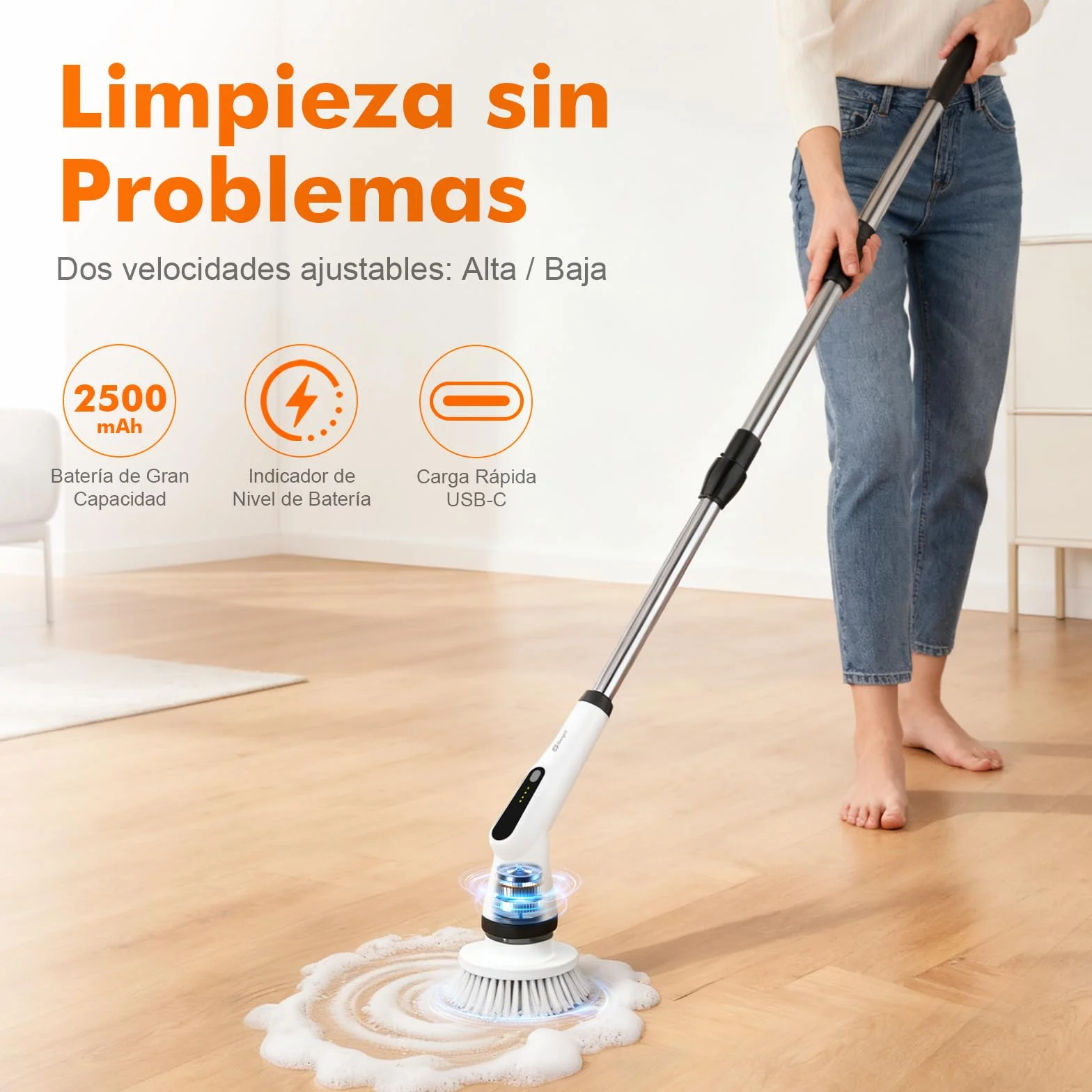 Ibergrif Cepillo de Limpieza Eléctrico Rotatorio para Baño y Cocina, Fregadora Eléctrica Inalámbrica con 6 Cabezales, Mango Telescópico 120 cm, 300/400 RPM, IPX7, USB-C