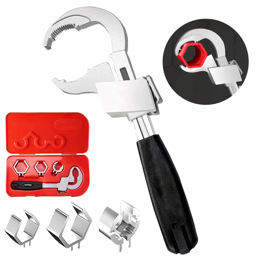 Llave universal ajustable de doble extremo, llave de doble boca ajustable multifunción con 3 cabezales de repuesto, juego de herramientas de reparación para grifo, baño, cocina