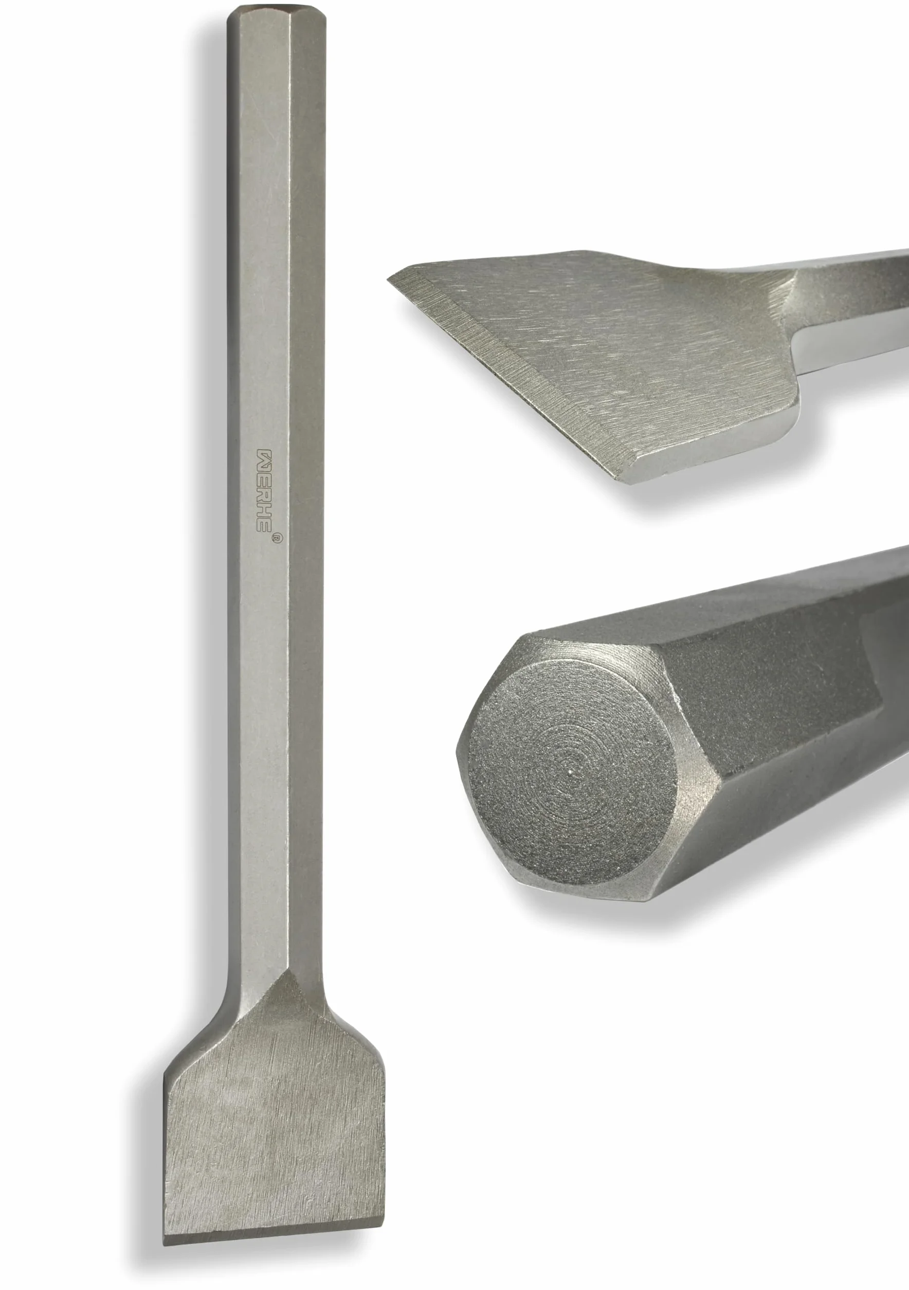 WERHE® Cincel de pala profesional HEX28 75 x 400 mm – Cincel plano para martillo de demolición – Acero para herramientas robusto