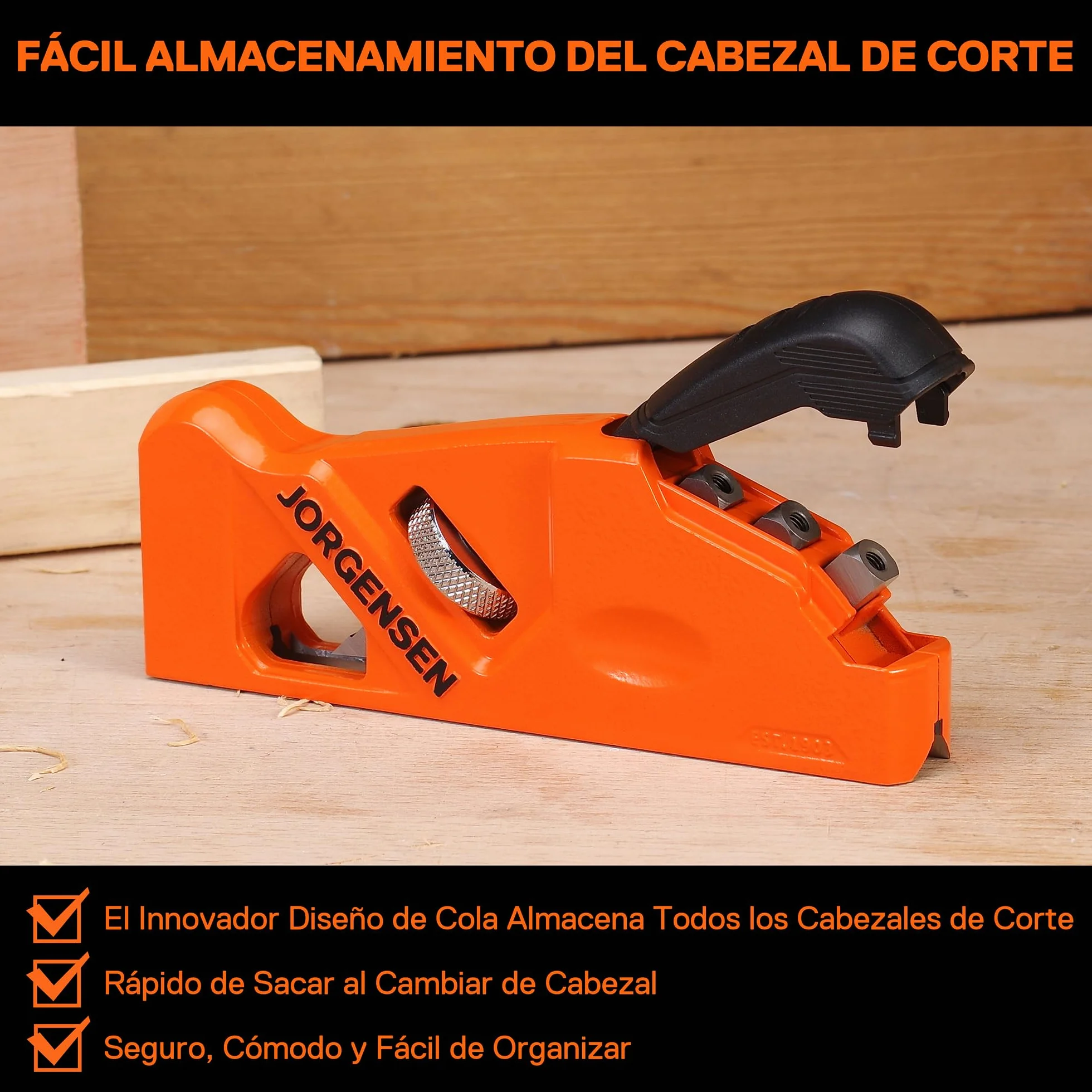 JORGENSEN Plano de chaflán para carpintería, herramienta de aplanamiento de esquinas de bordes para madera, cepilladora manual manual de 45° con 4 cabezales de corte para un recorte rápido de madera