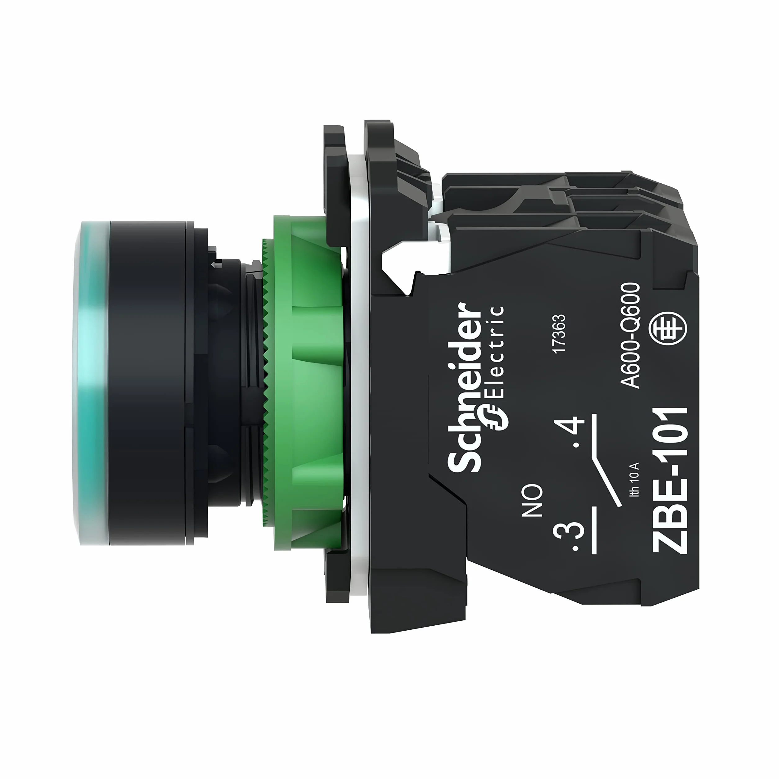 Schneider Electric XB5AW33M5 Pulsador Iluminado Diámetro 22, Retorno Resorte Nivelado, 240 V, 1 NA + 1 NC, Verde