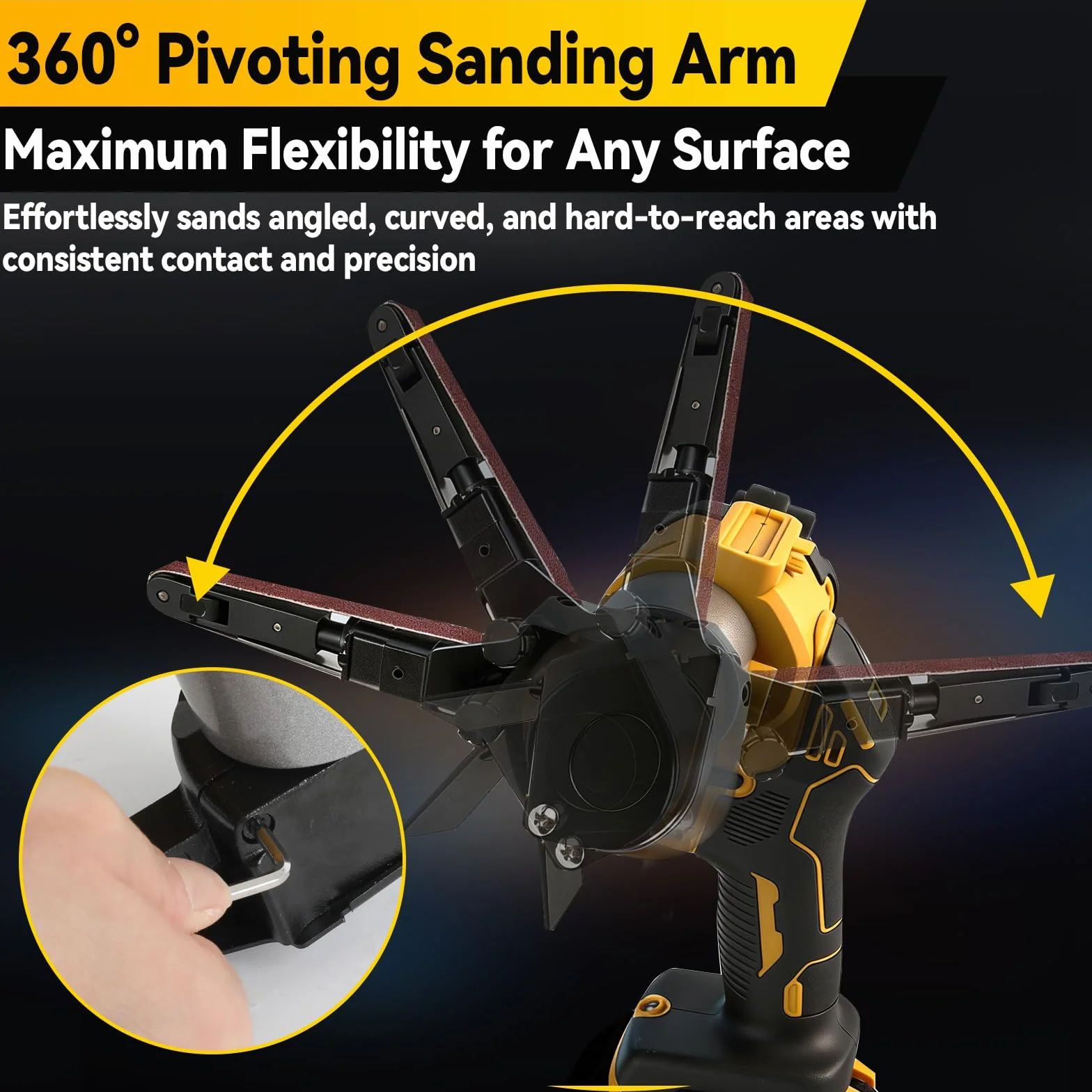 Lijadora de banda inalámbrica compatible con batería Dewalt de 20 V, amoladora de banda ajustable de 0 a 13000 rpm, 360° sin escobillas con 20 bandas de lijado para madera, metal y plástico (amarillo