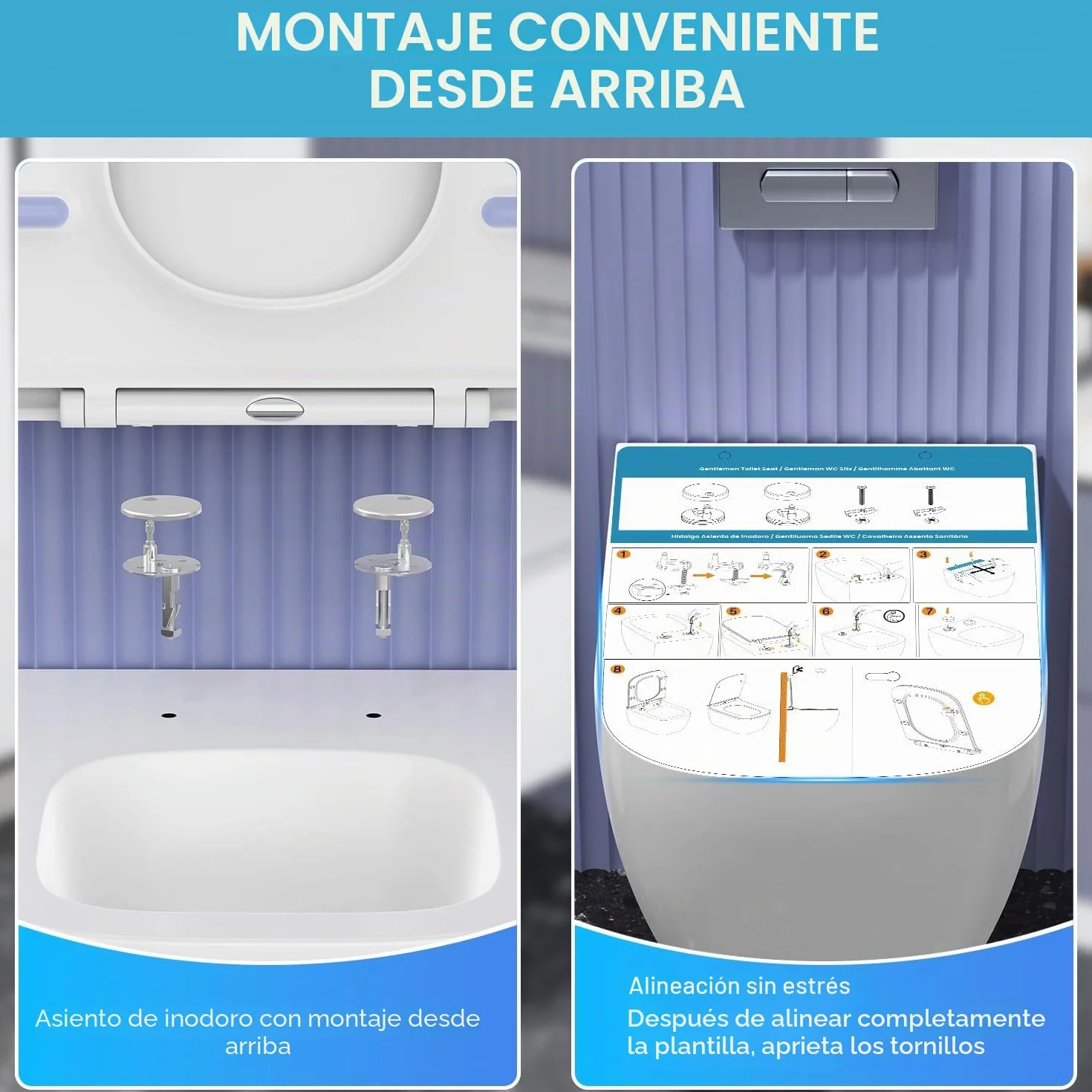 Asiento de WC Cuadrado Softclose Blanco(CORTO), Tapa de WC Duroplast Antirayaduras, Asiento Desmontable Quick Release, Fácil de Limpiar, Incluye plantilla de Instalación, 42,3 x 36,1 cm