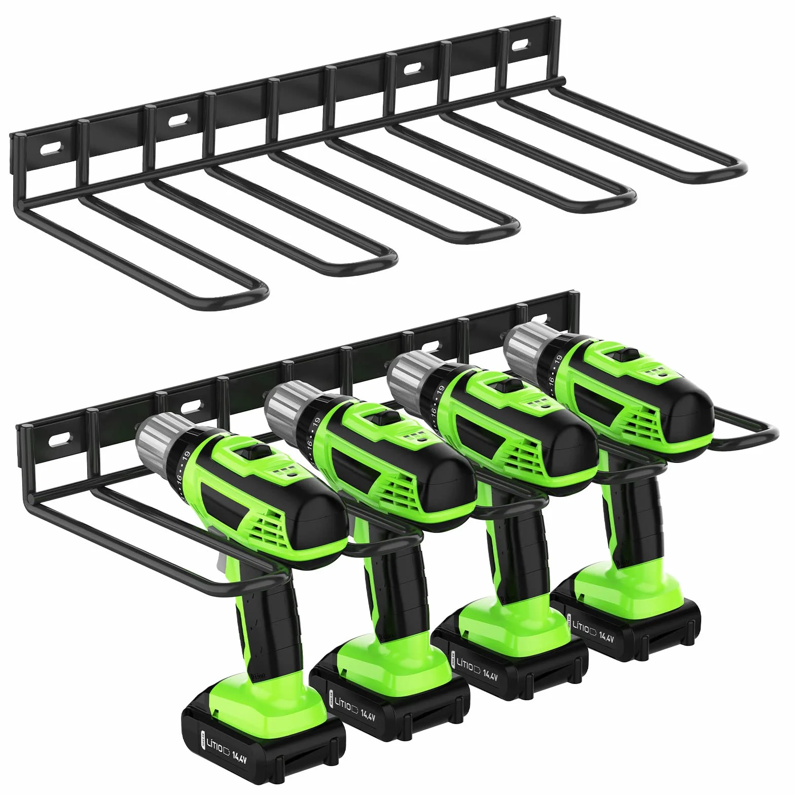 ENONCI Paquete de 2 organizadores de herramientas eléctricas, soporte de pared de metal grueso y resistente, organizador de taladro para garaje, taller de tablero de clavijas, 14.9 x 6.8 x 1.7