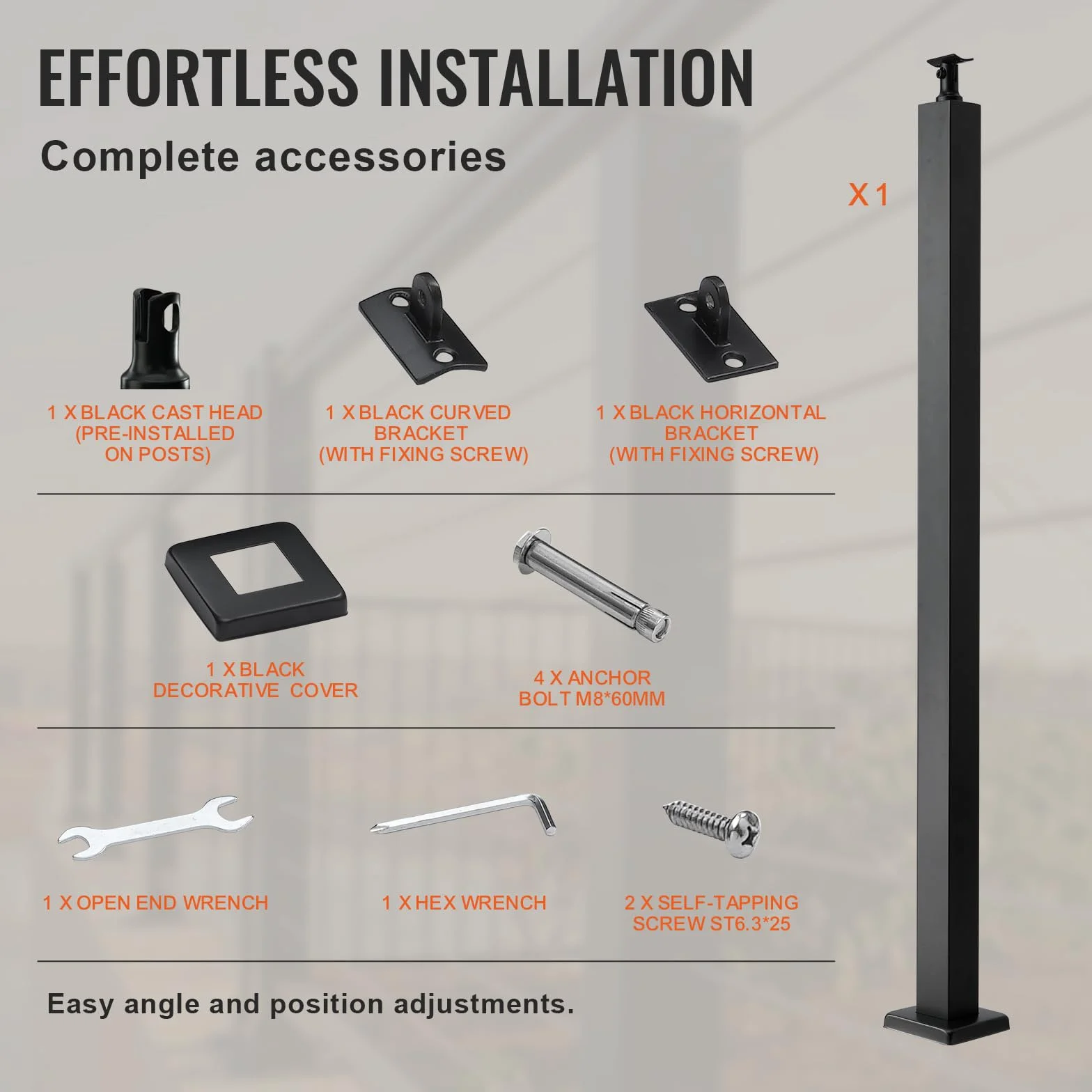 VEVOR Poste de Barandilla de Cable de Acero de 91,4 x 5 x 5 sin Agujeros, Poste de Riel de Cable de Acero Inoxidable SUS304, Poste de Pasamanos de Escalera con Soporte Horizontal y Curvado, Negro