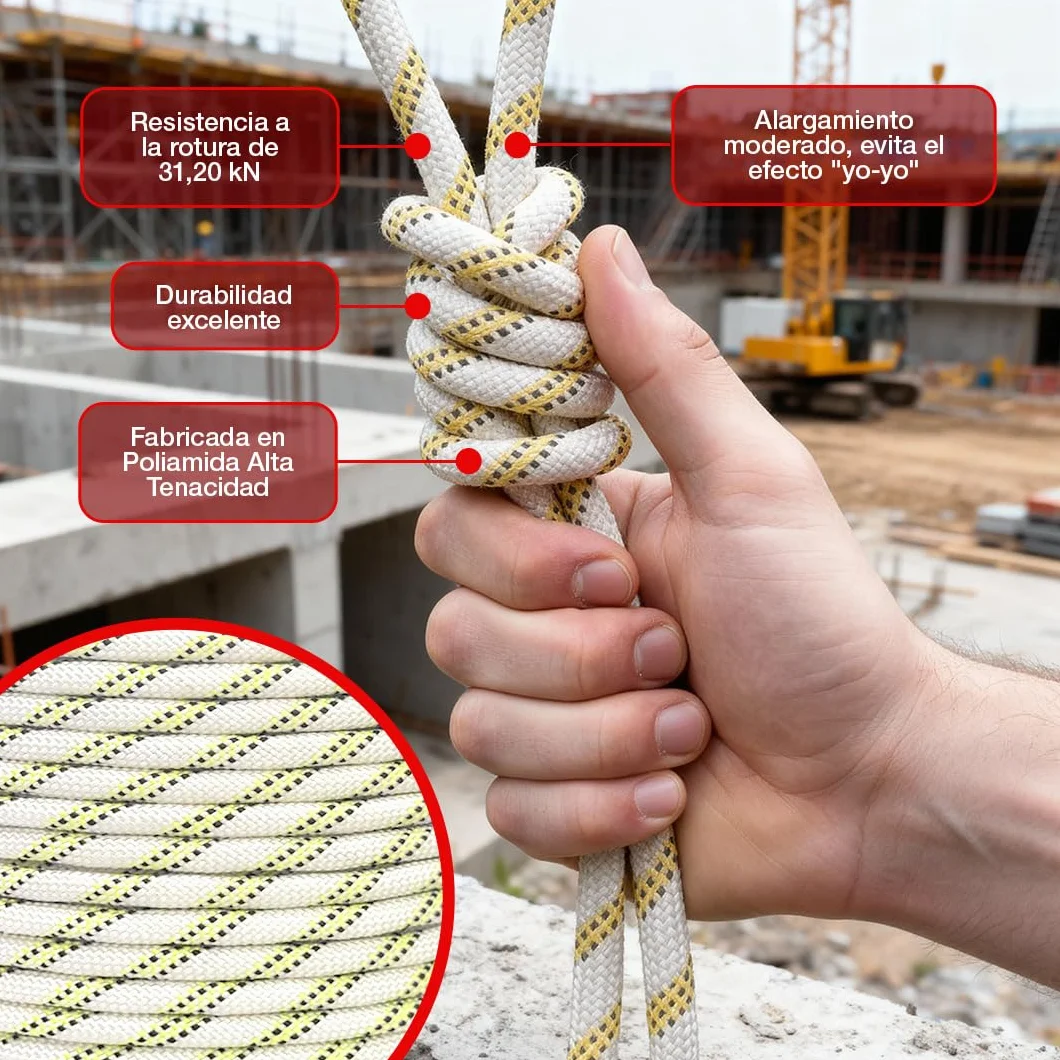 Cuerda Semiestática Profesional - SOGA Gruesa de Nylon para Trabajos Verticales - Cuerda Resistente Exterior y Duradera - Diferentes Tamaños Disponibles - 11 MM (100)