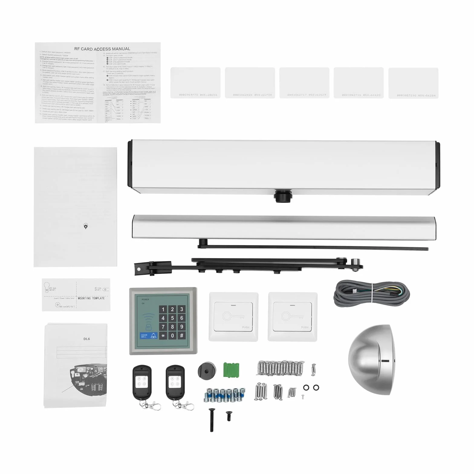 Abridor de Puerta Automático 50W Accionamiento Automático para Puerta 120 Grados Automatic Swing Door Opener 15m Remote Control 30kg Closing Force IP12D con 5 ID Cards y 1 Sensor