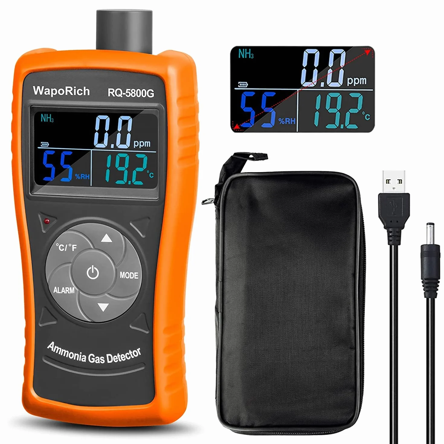 Detector de Gas Amoníaco 0~100 PPM Medidor de NH3, Detector de Partículas Recargable Medidor Profesional Monitor de Gas Amoníaco con Temp, Humedad para aves de Corral, Granja - RQ-5800G