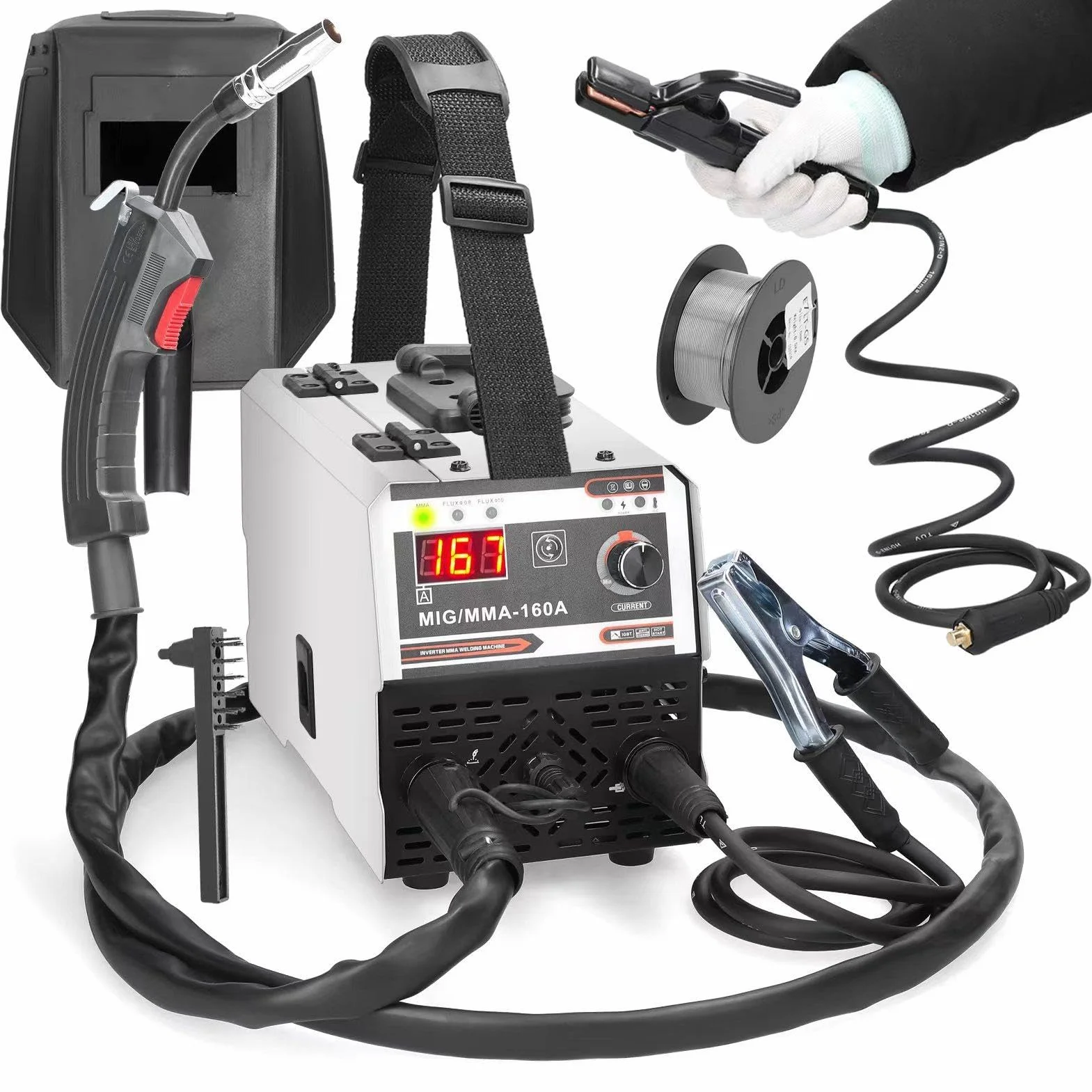 Soldadora de 160A de alambre de relleno, soldadora de electrodos 2 en 1 (MIG/MMA), soldadura de contacto con avance automático de alambre, soldadora de arco de gas, soldadora compacta de IGBT inversor