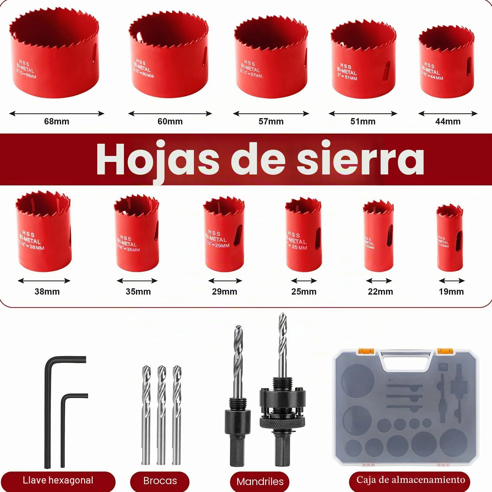 19PCS Juego de Coronas, Meinraum Sierras Perforadoras Bimetal 19-68mm, Conjunto de Broca Perforadora Bimetálica para Taladrar Aluminio, Madera, Tablero de PVC, Plástico y Metal
