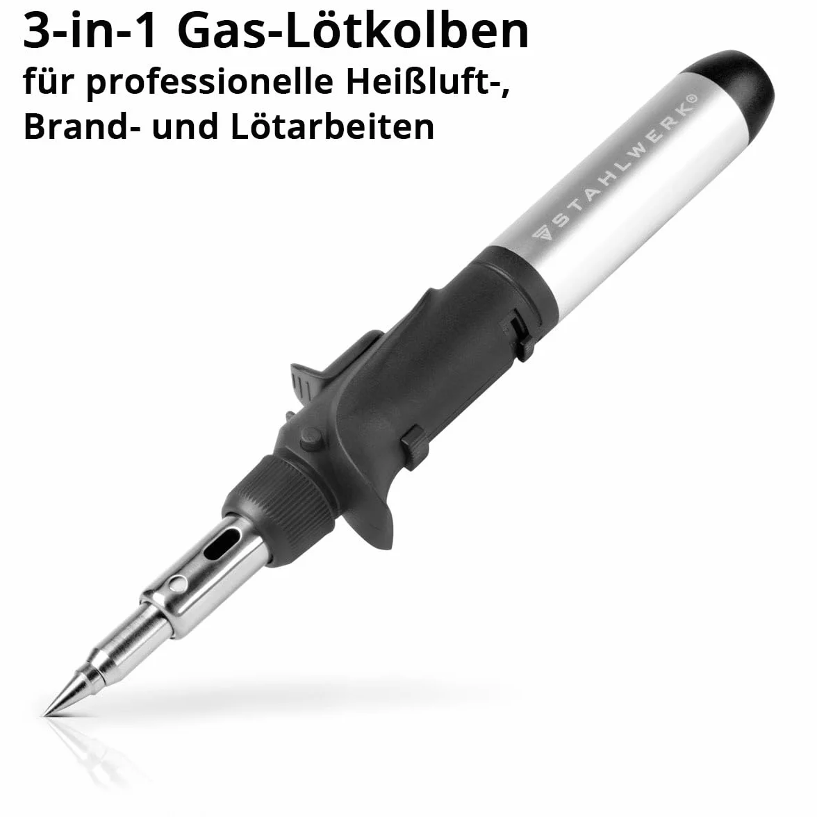 STAHLWERK soldador de gas GLK-500 ST Juego de soldadura de gas 3 en 1 de 10 piezas pistola de soldar con 200-500°C de temperatura de soldadura y boquilla de llama de 1.300°C para aire caliente