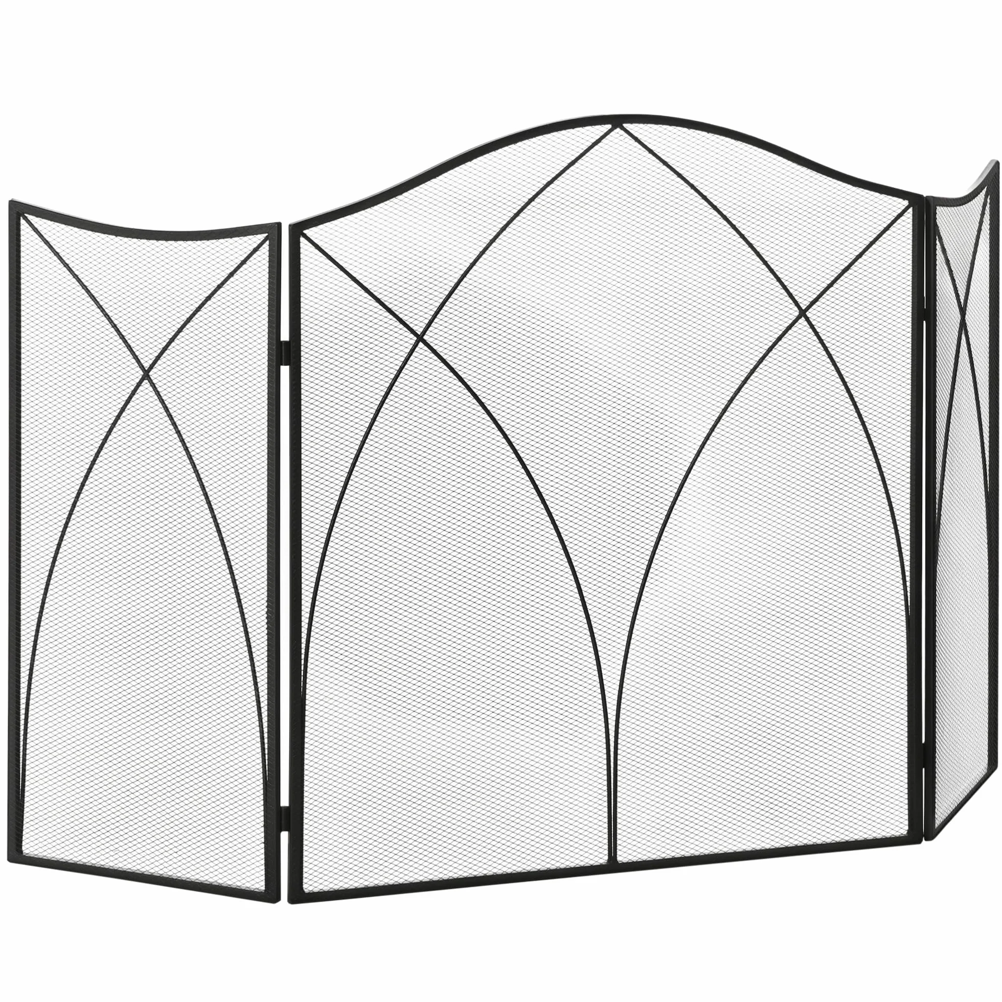HOMCOM Salvachispas Plegable Pantalla Protectora de Chimenea 3 Paneles con Bisagras y Estructura de Metal Decorativa 108x24x76 cm Negro