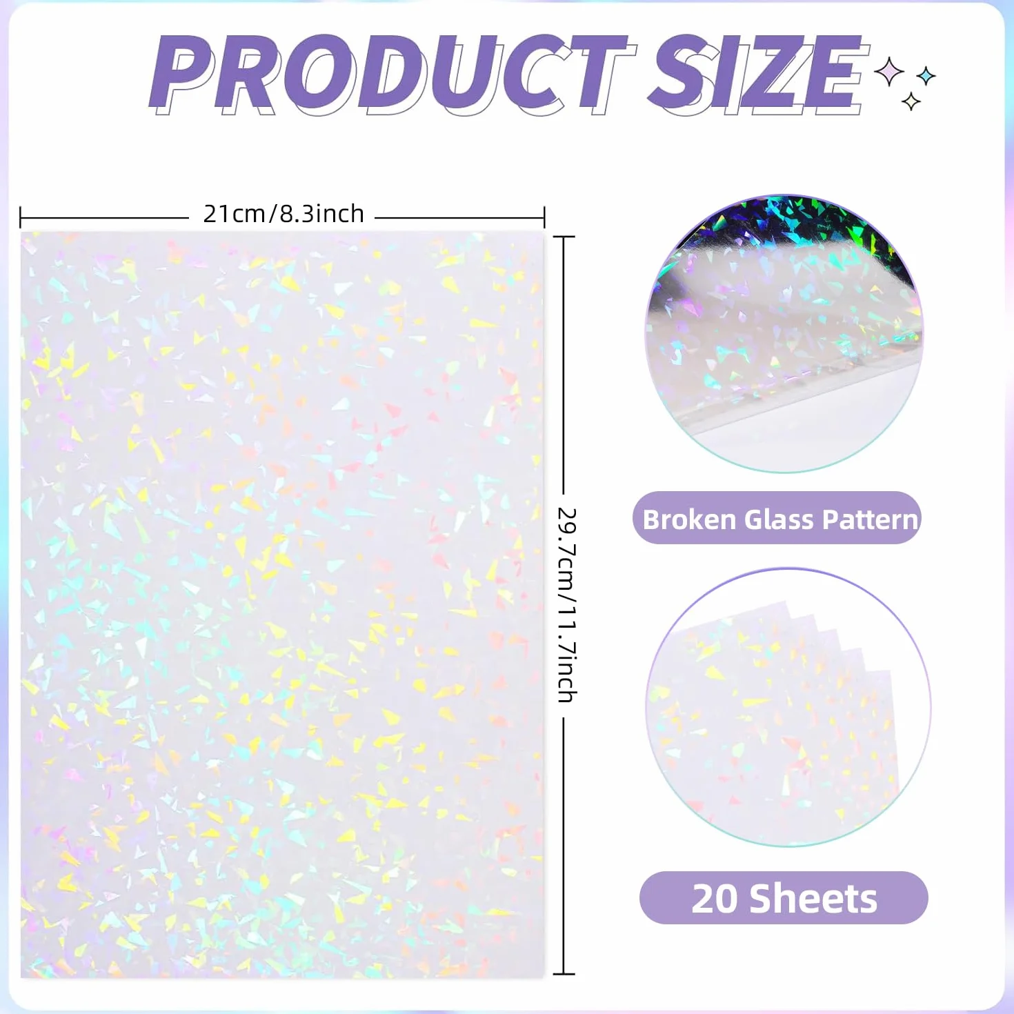Papel Adhesivo Holográfico A4 50mic Película Transparente Impermeable Laminado en Frío 20 Piezas Vidrio Roto