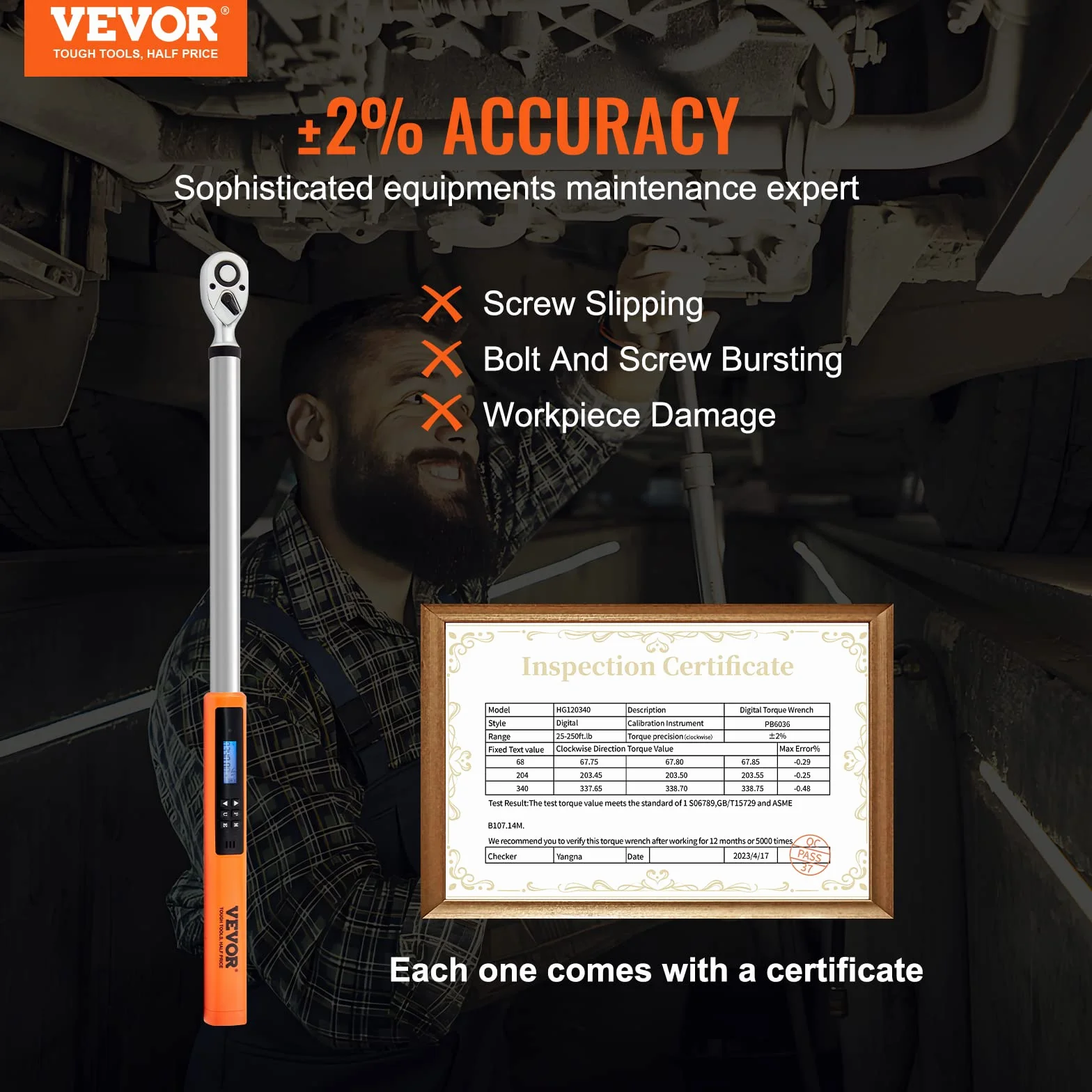 VEVOR Llave Dinamométrica Digital 1/2" Llave de Torsión 34-340 N.m Precisión ±2% Llave de Carraca Ajustable 72 Dientes LED Zumbador Vibración Respaldo con Adaptadores Extensión Kit de Mantenimiento