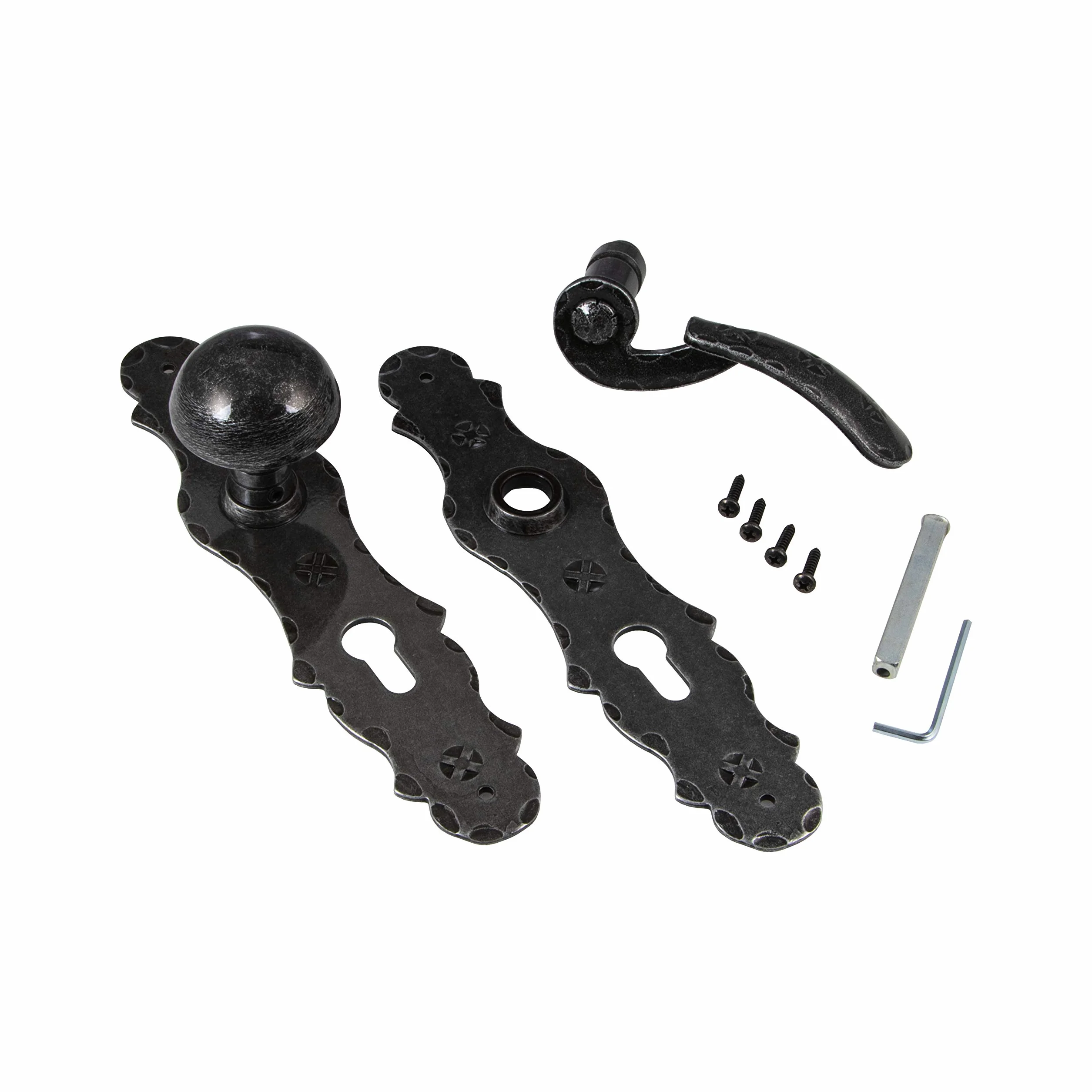 GedoTec Cortina de intercambio BOTÓN PULSADOR Herraje puerta Manijas de puerta en Placa larga Modelo BERN Antiguo Hierro forjado PZ 72 mm Izquierda Pomo puerta pintado de negro/plata patinado - rechts