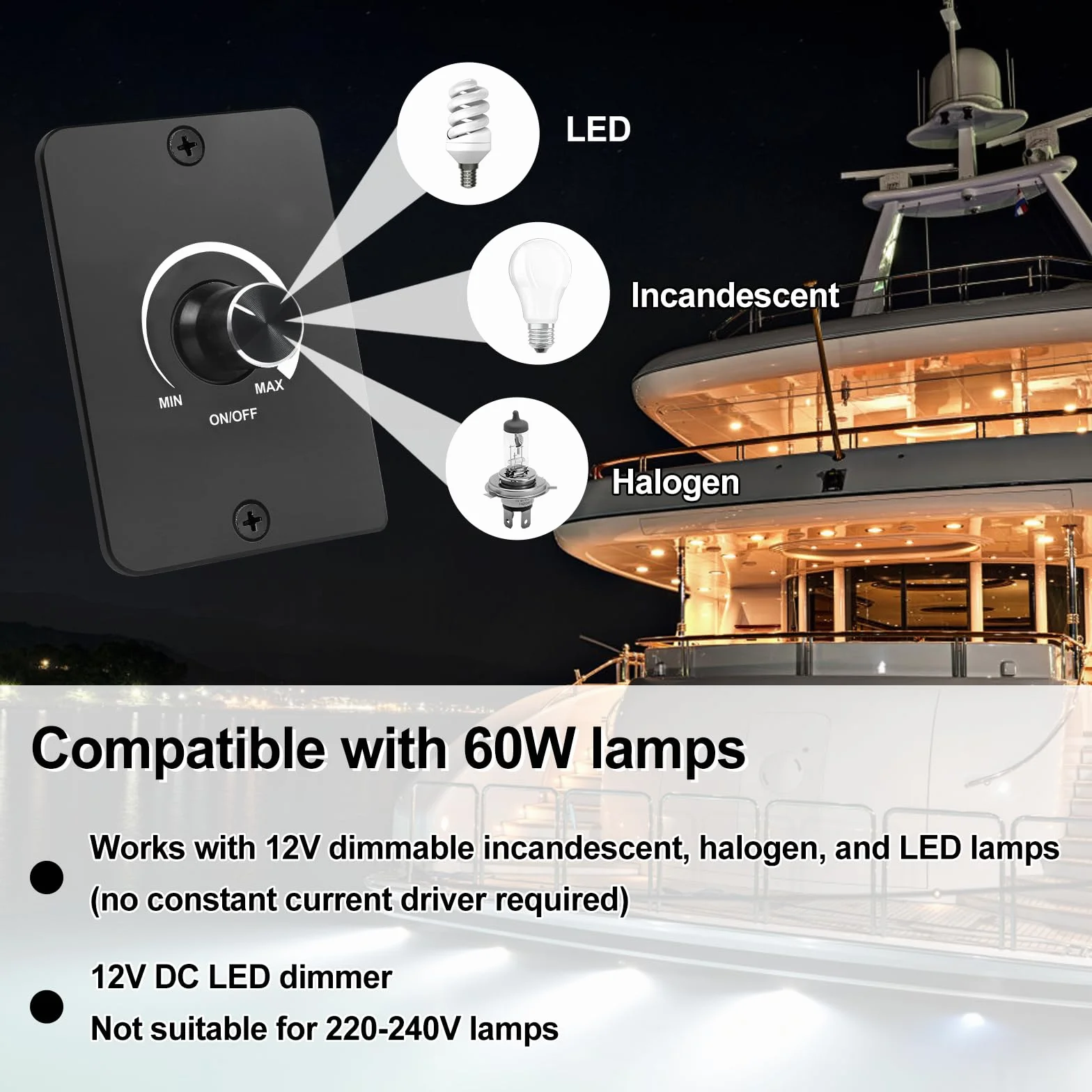 Regulador Intensidad LED DC 12V 5A PWM Dimmer Compatible con LED, incandescentes, halógenas etc, Interruptor Regulador de Luz Regulación de luz sin escalas, Fácil de instalar