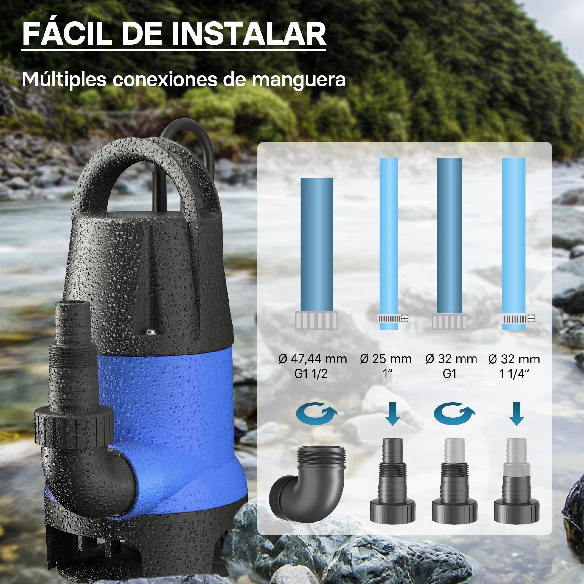 WilTec Bomba sumergible de Plástico para aguas sucias 400W 7500 litros/h Jardín Pozos Drenaje Bombeo agua Extracción agua