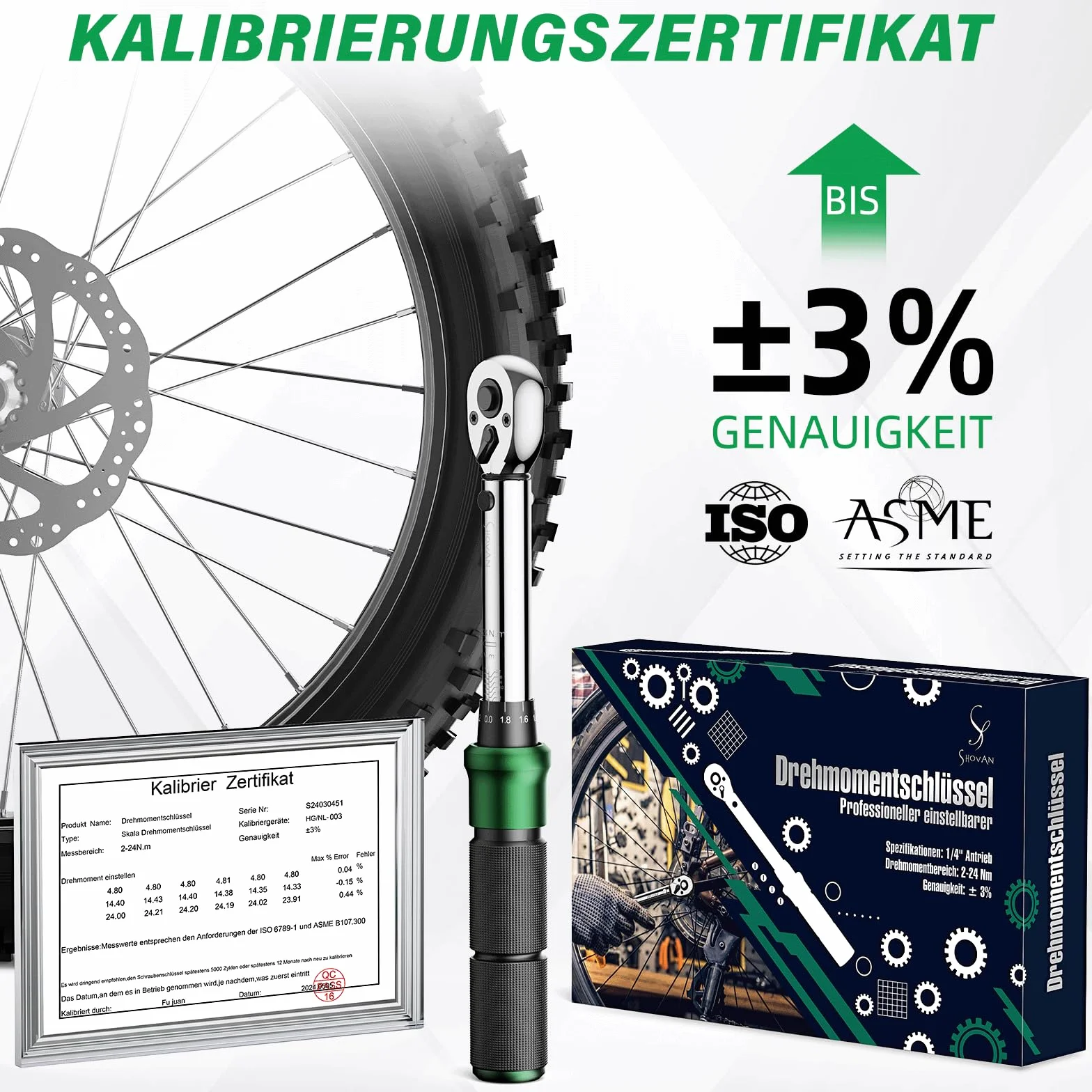 Llave Dinamometrica Bicicleta, Llaves de Carraca 1/4 Pulgadas 2-24 Nm, Carraca Reversible de 72 Dientes, Precisión de ± 3% de Error, Lncluye Adaptador de 3/8", Puntas Phillips Hex y Torx.