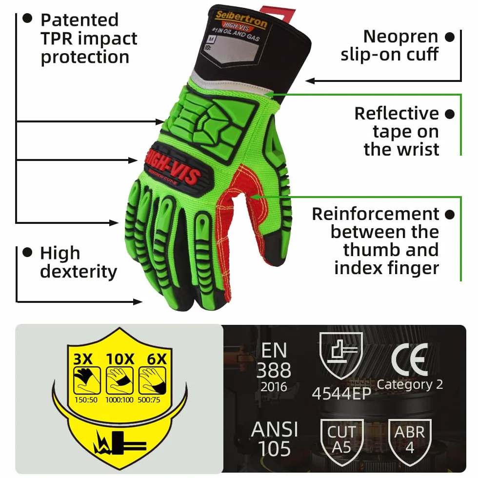 Seibertron HIGH-VIS HDC5 Level 5 Cut Resistant Deckhand Gloves High Performance Protection Impact Resistant Oil and Gas Safety Gloves CE EN388 4544EP S with 1 black clip