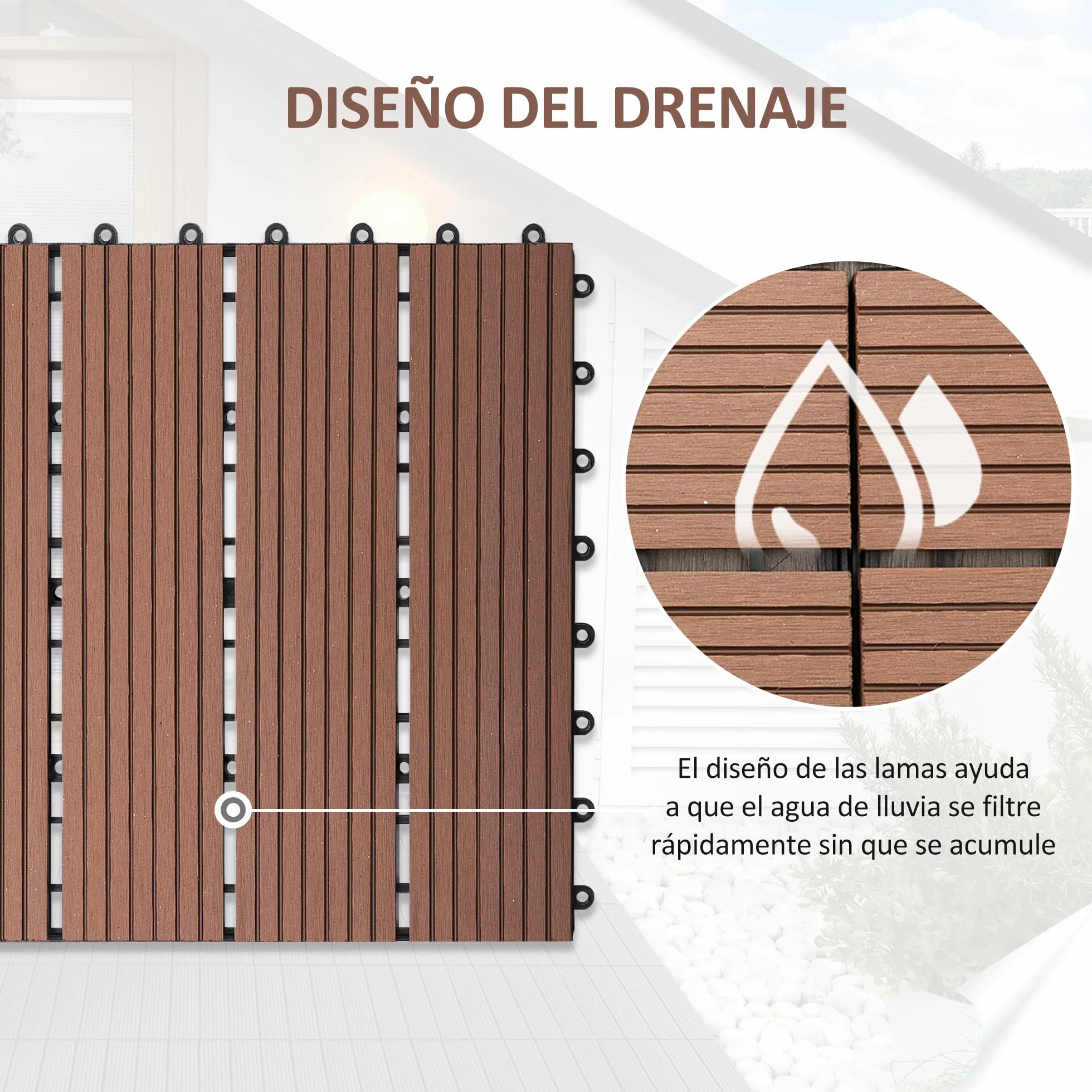Outsunny Set de 11 Piezas Baldosas de Exterior 30x30 cm 1 m² Suelo de Jardín Exterior Antideslizantes y Resistentes al Clima de Fácil Instalación para Jardín Terraza Balcón Marrón