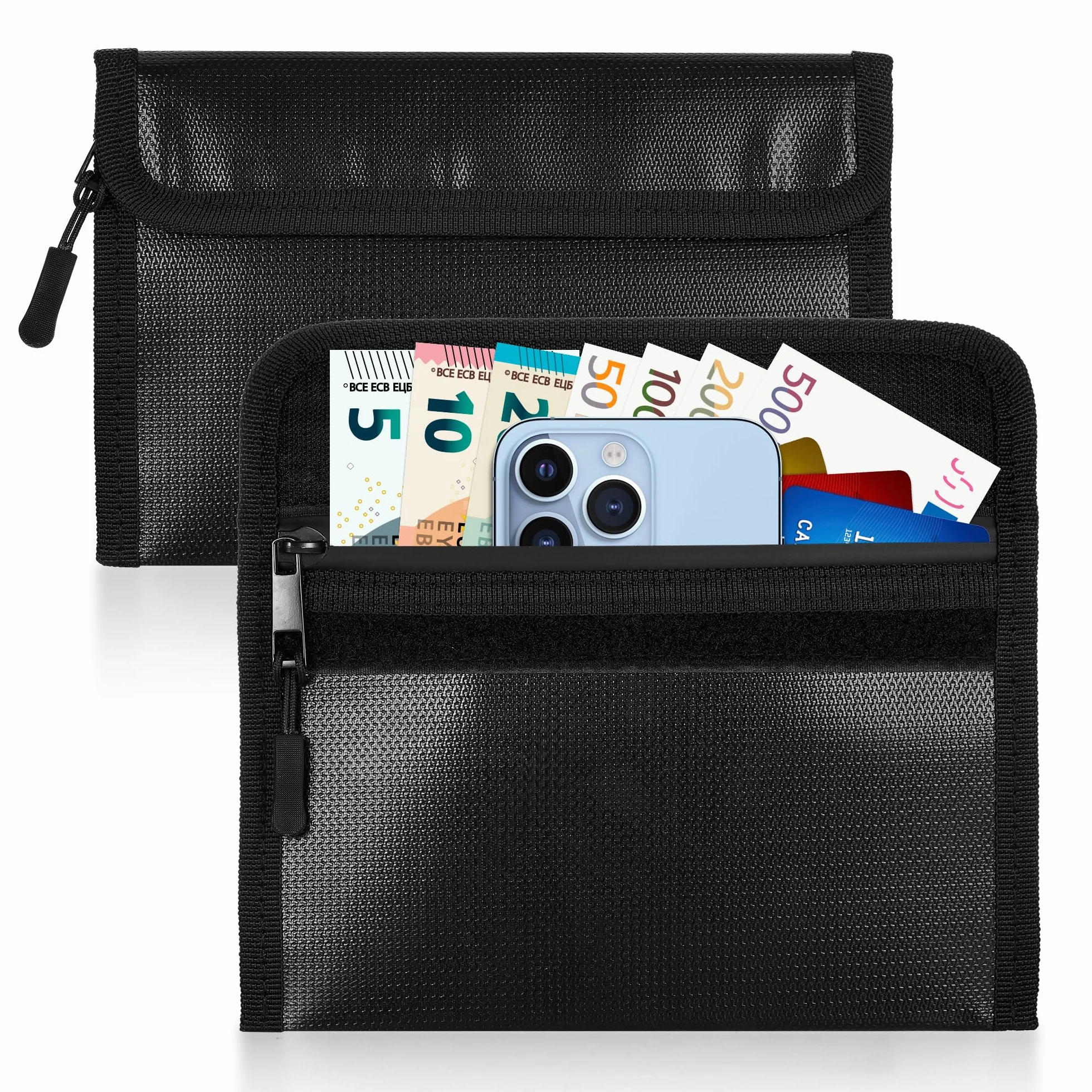 2 Piezas Bolsa Pequeña Ignifuga, Bolsa de Dinero Ignífuga con Cremallera, Carteras Ignífugas Impermeable para Objetos de Valor, Pasaporte, Dinero, Tarjetas (21 x 14cm)
