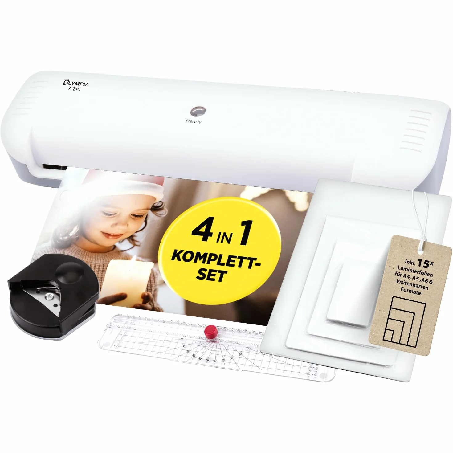 Olympia A210 Plastificadora 4 en 1 A4 | Juego de Laminación A4 | Laminadora | Calefacción Rápida | Laminadora, Cortadora de Papel y Redondeadora de Esquinas | Ideal para Oficina, Escuela y Hogar |