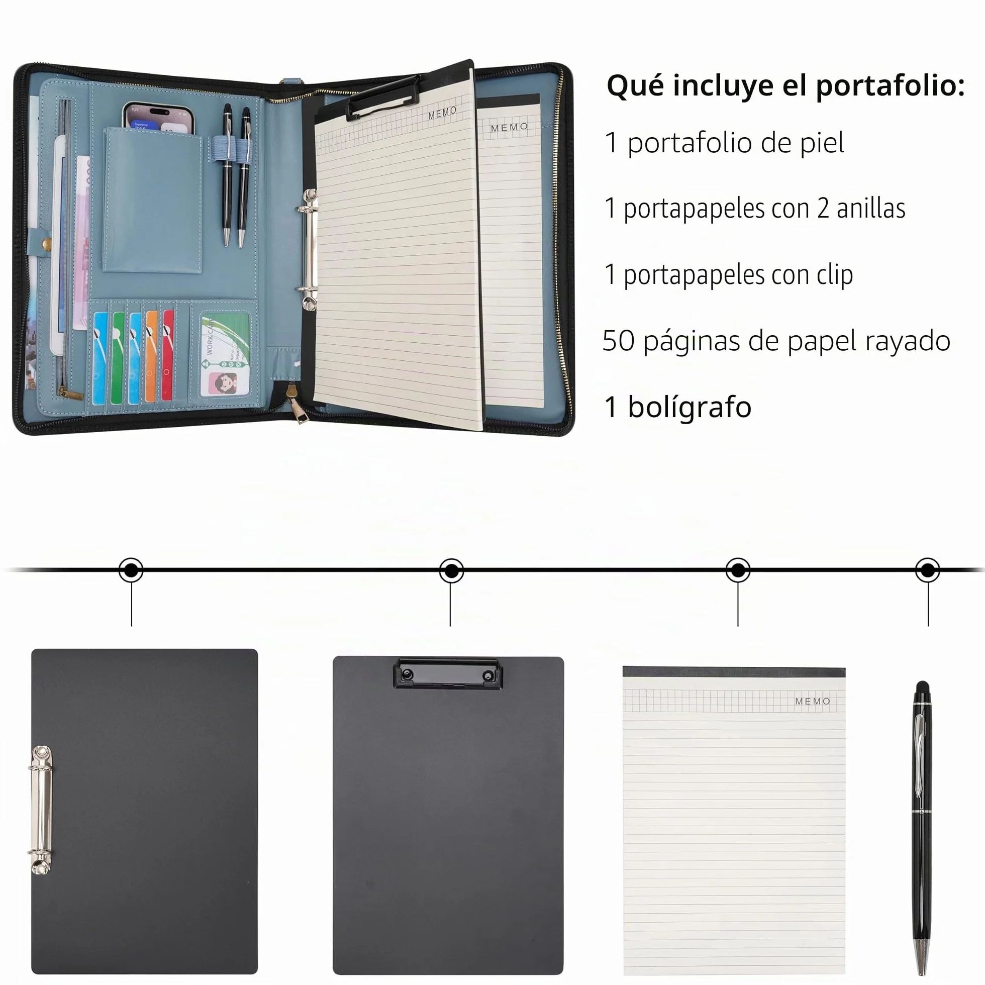 Wason Cartera de viaje Cuero PU A4 Cremallera Carpeta de Anillas Desmontable Soporte Bloc de Notas Organizador Multibolsillos