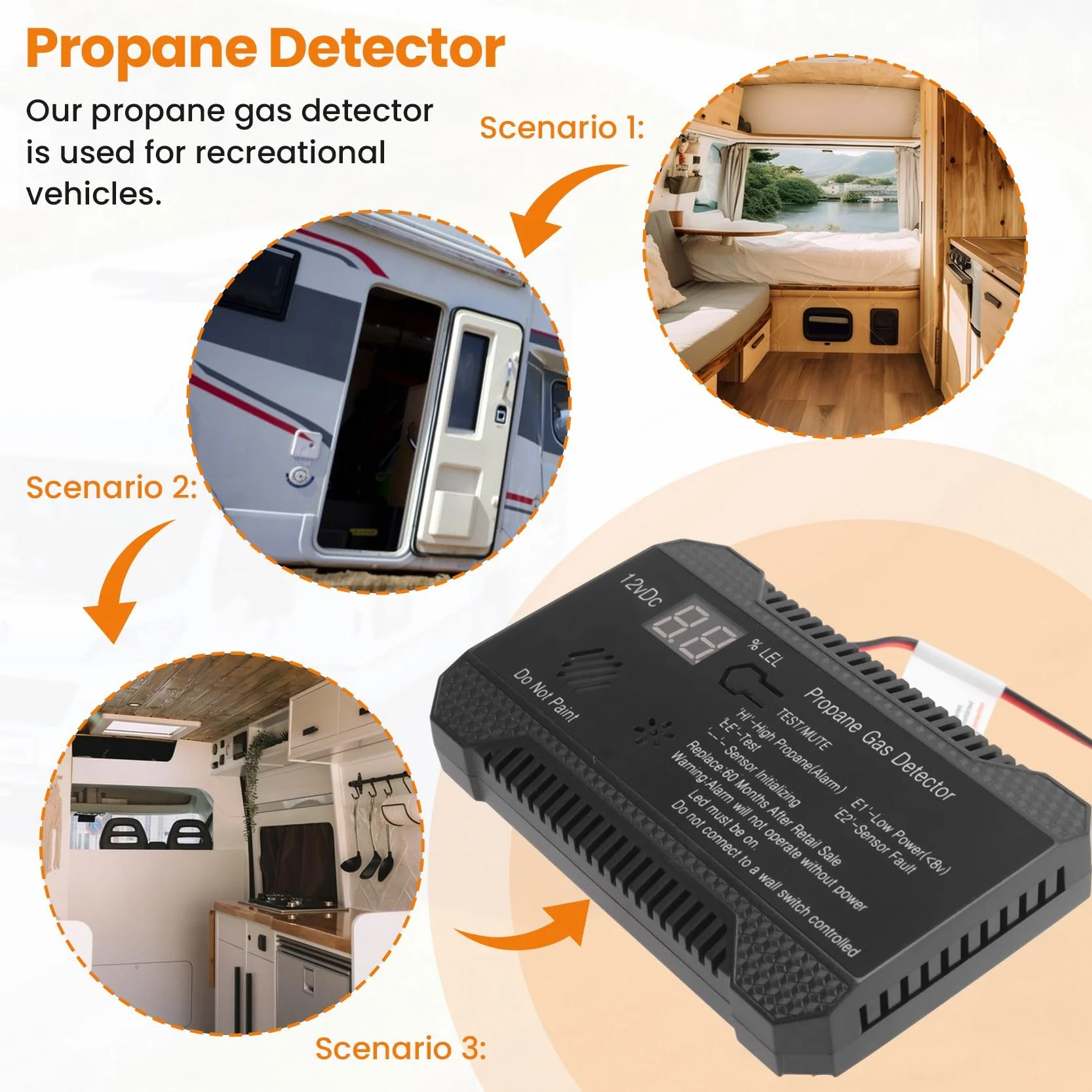 wudoo Detector de Propano 12V LPG Sensor de Gas Natural Alarma de Fuga 85DB Sirena para AutomóVil RV Hogar Medidor de Prueba de Propano Digital (Negro)
