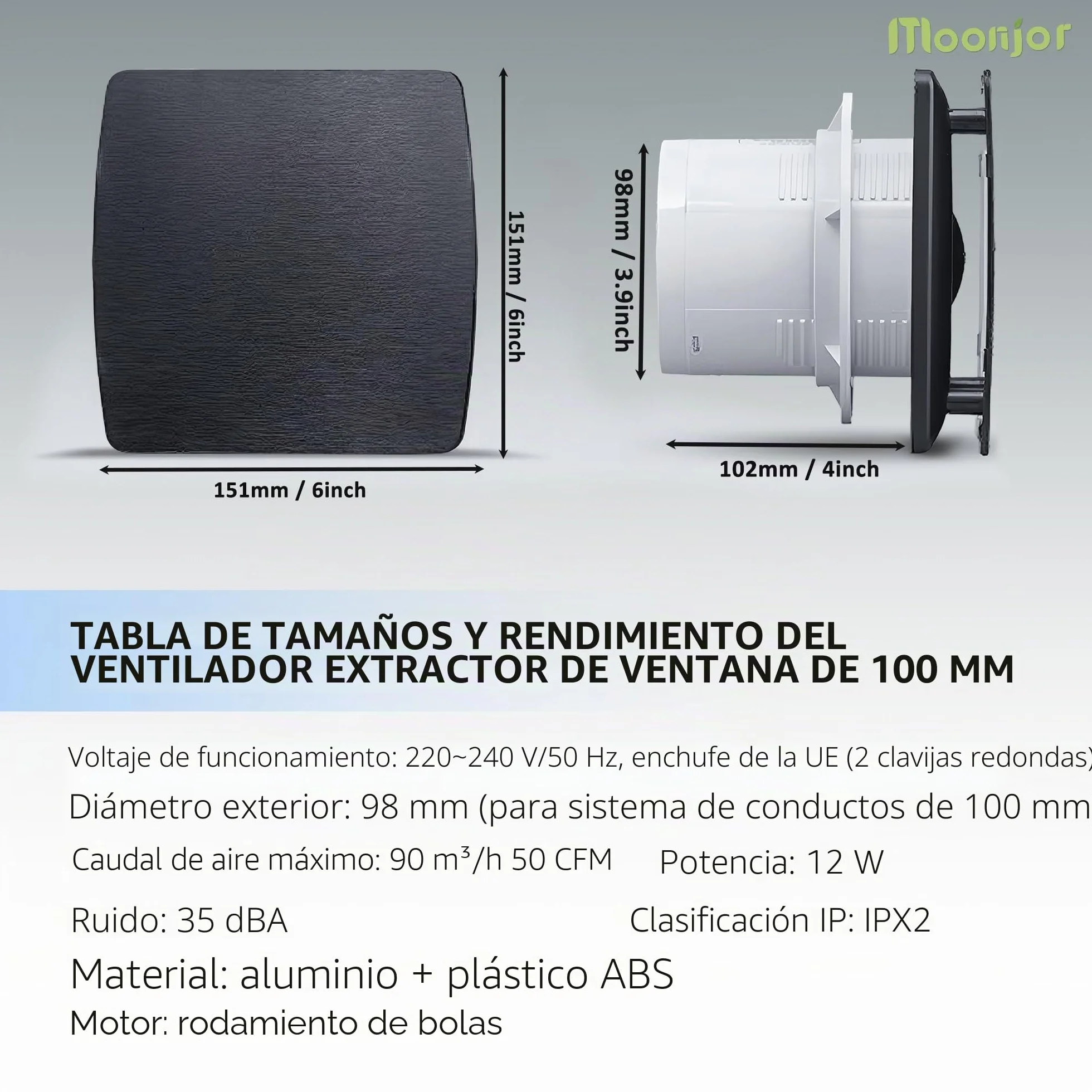 Extractor de Aire 100mm Silencioso 95 m³/h Baño con Válvula Antirretorno Aluminio Cepillado